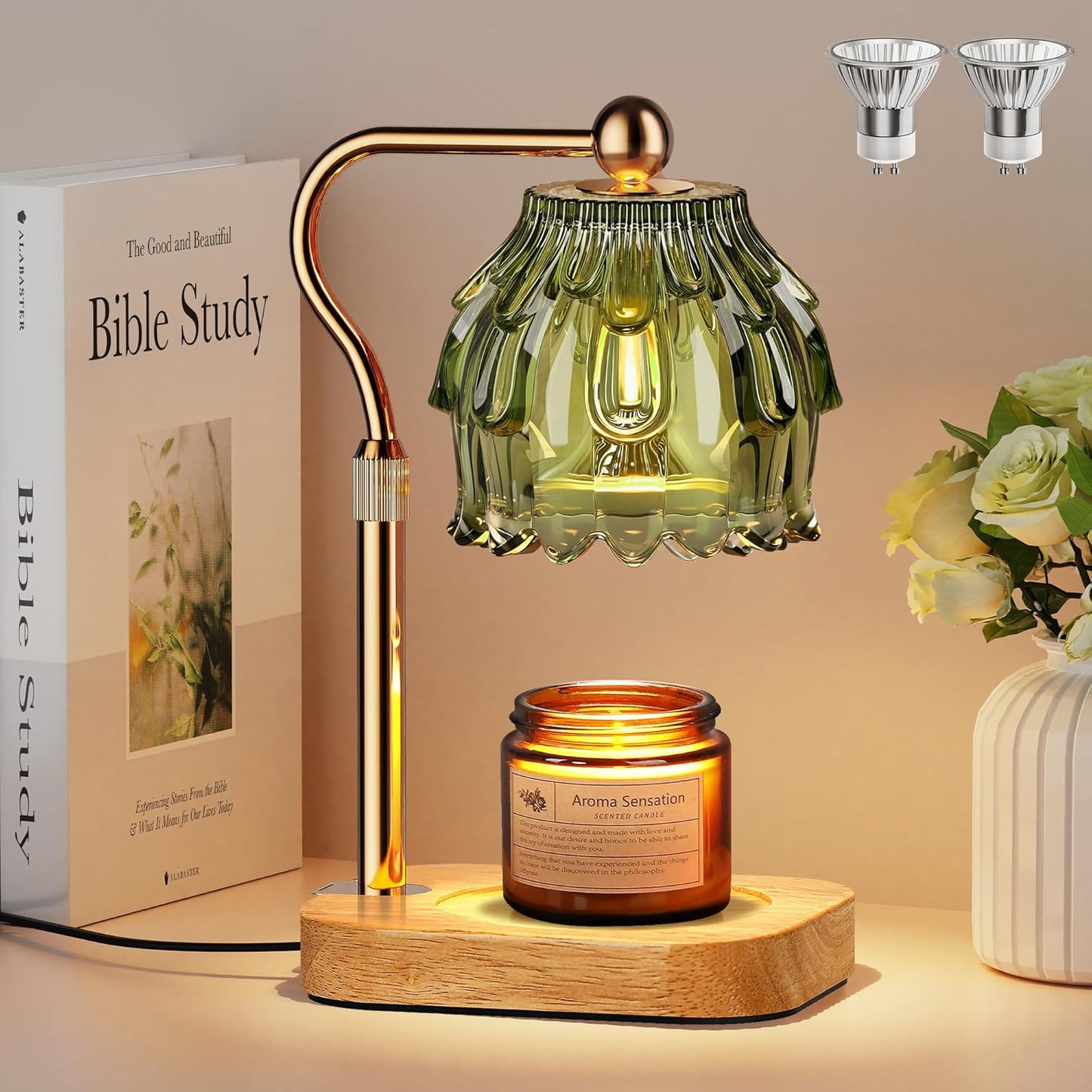 Candle Warmer Lamp with Timer Dimmer, Modern Wax Warmer for Scented Wax Jar Candle Warmer with 2 Bulbs, Adjustable Height Glass Lamp for Gifts for Women, House Warming Gifts, Home Decor, Gold Green