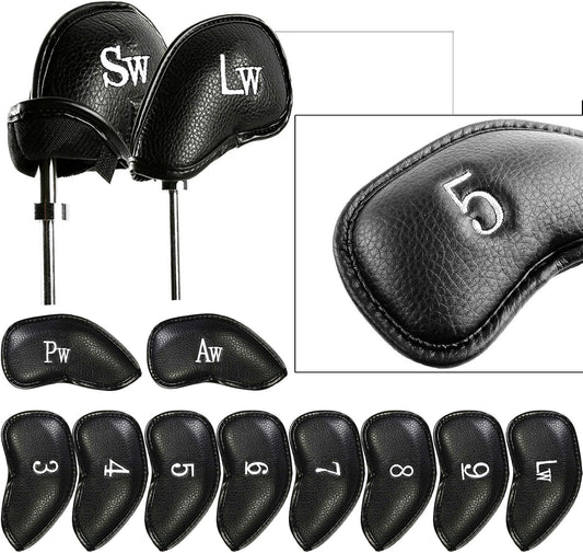 FINGER TEN Premium Synthetic Leather Stylish Iron & Wedge Golf Head Covers Value 12 Piece Set, Embroidered Labels & Fits Most Clubs Gift Set, Travel Protection Accessories