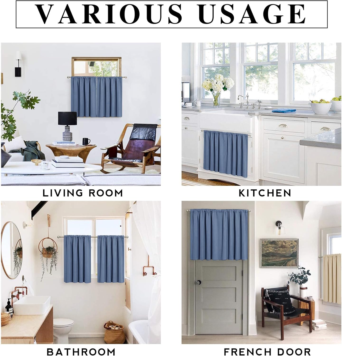 RYB HOM Blackout Curtain Valance - Room Darkening Half Window Treatment Solid Elegant Privacy Home Decor for Kitchen Bedroom Bathroom, 29 inches Wide x 24 inches Long, Stone Blue, 1 Pair