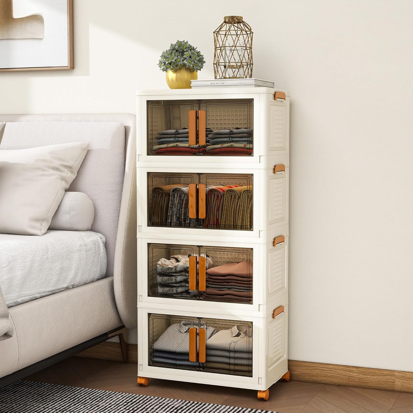 4 Tier Stackable Plastic Storage Bins with 1 Lid 45 QT/Tier, Collapsible Plastic Box Storage Bin with Wheels, Home Containers Boxes Closet Organizers for Living Room, Office, Dorm