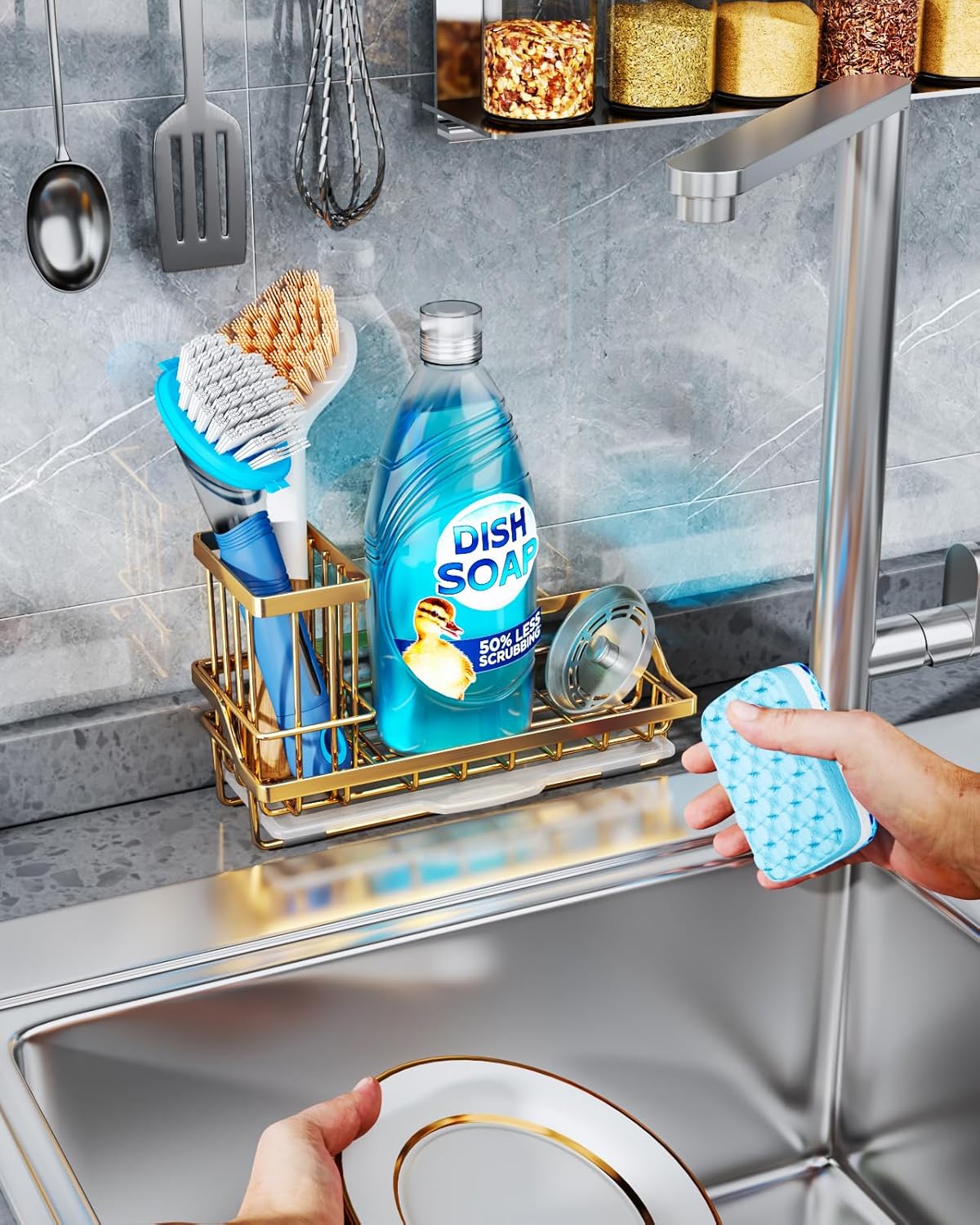 Consumest Sink Caddy, Kitchen Sponge Holder with Dish Brush Holder, Kitchen Sink Organizer with Drip Tray for Countertop, Stainless Steel Rustproof - Gold