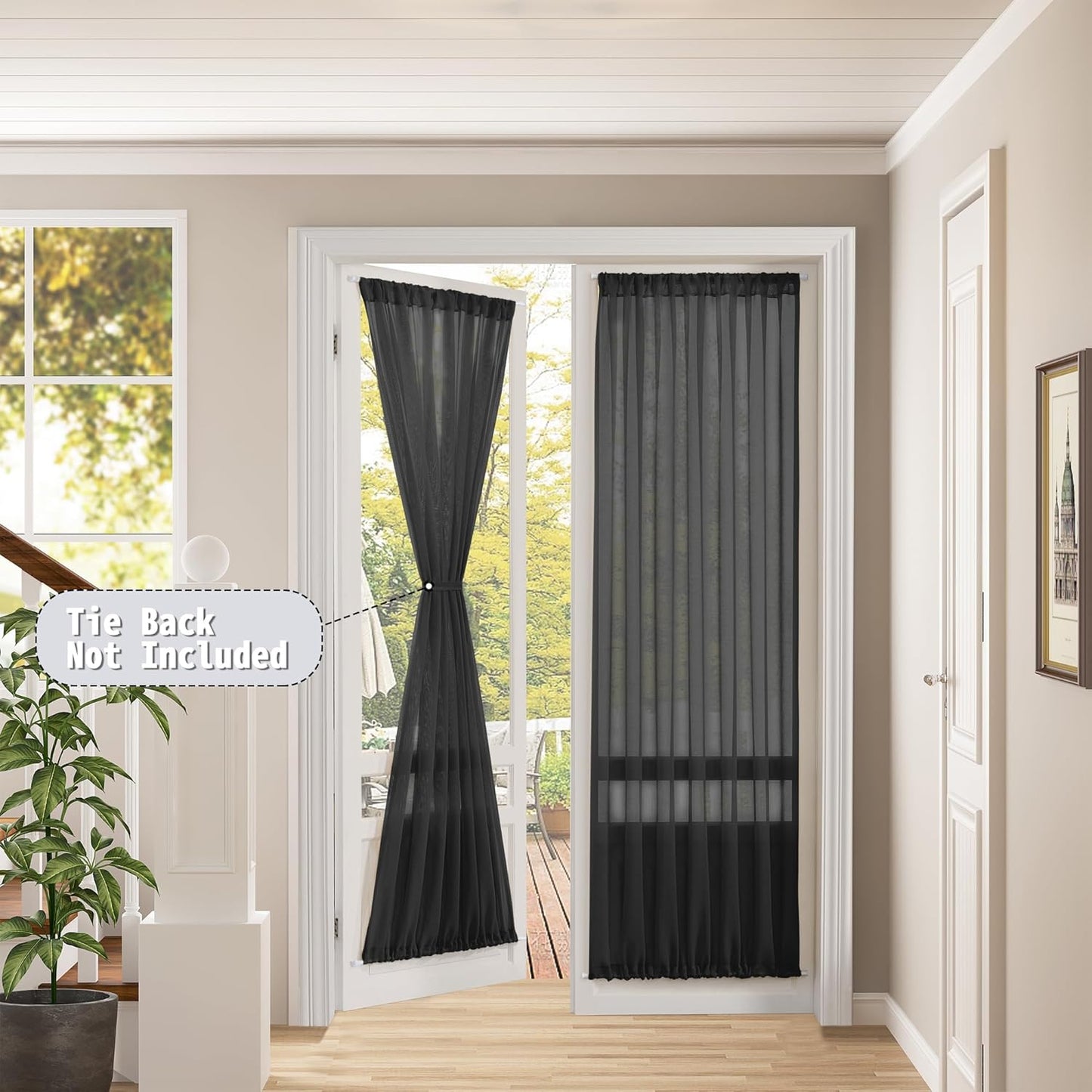 Tollpiz Sheer Door Curtain Closet Linen Textured Curtains Sheer Doorway Light Filtering Voile Patio Glass Door Rod Pocket Curtain French Door, 54 x 72 inches Long, Black, Set of 1 Panel