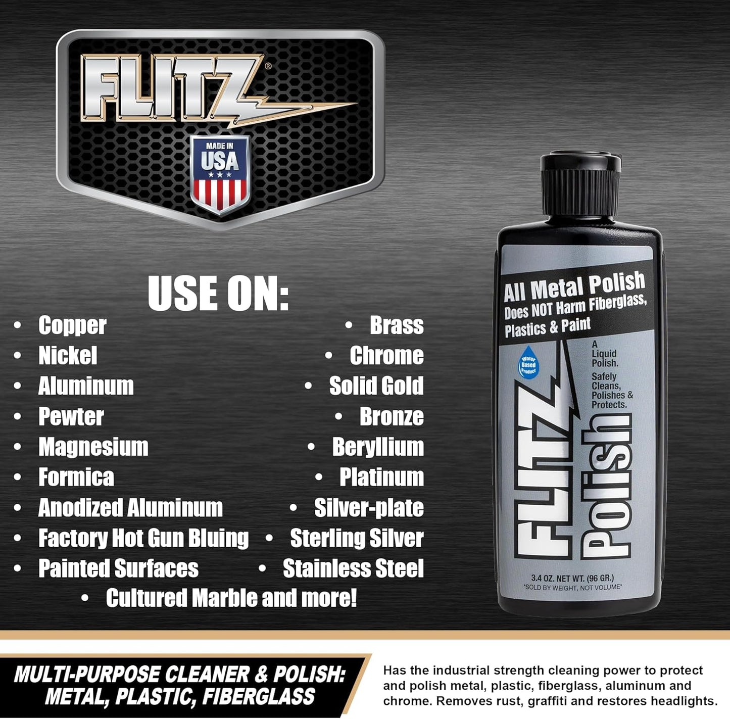 Flitz Multi Purpose Metal Polish Liquid - 3.4oz Bottle of USA-Made Tarnish Remover - For Aluminum, Chrome, Brass, Nickel, Silver - Non-Abrasive Metal Cleaner and Polish, Restorer (1 Pack)