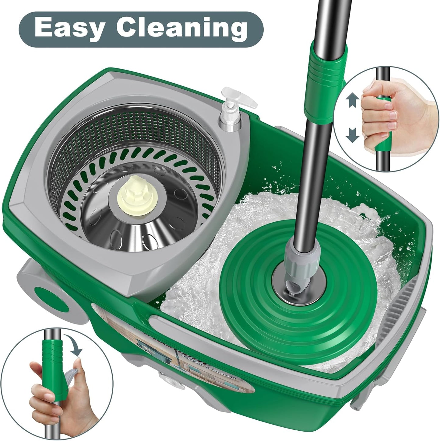 Dual Compartment Spin Mop and Bucket, Mop and Bucket with Wringer Set,360°Rotating Spinning Mopping for Floor Cleaning with 6 Microfiber Replacement Heads, 61" Extended Handle, 2X Wheel - Deep Green