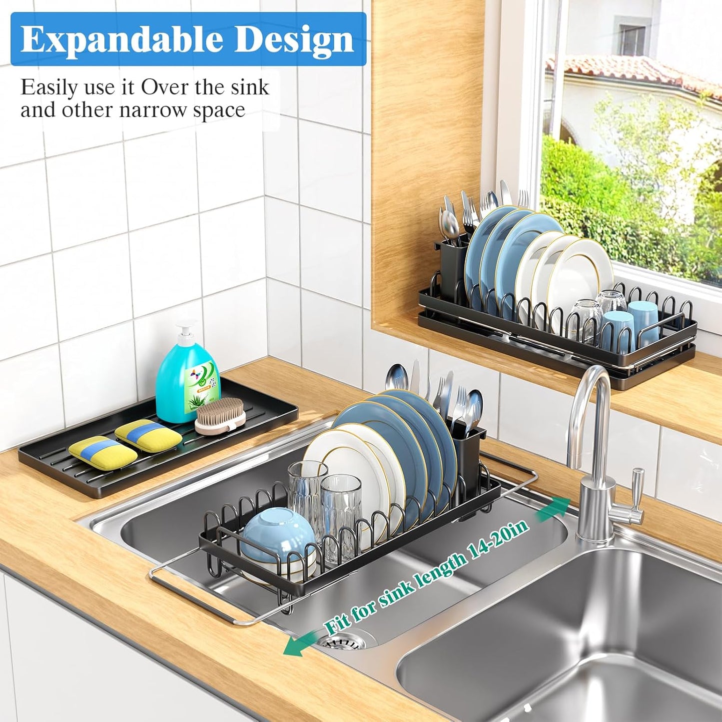 Small Dish Drying Rack Over The Sink, Compact Dish Rack with Silicone Mat for Kitchen Counter, Expandable Dish Drainers Drying Rack Used in Sink & on Countertop, Black