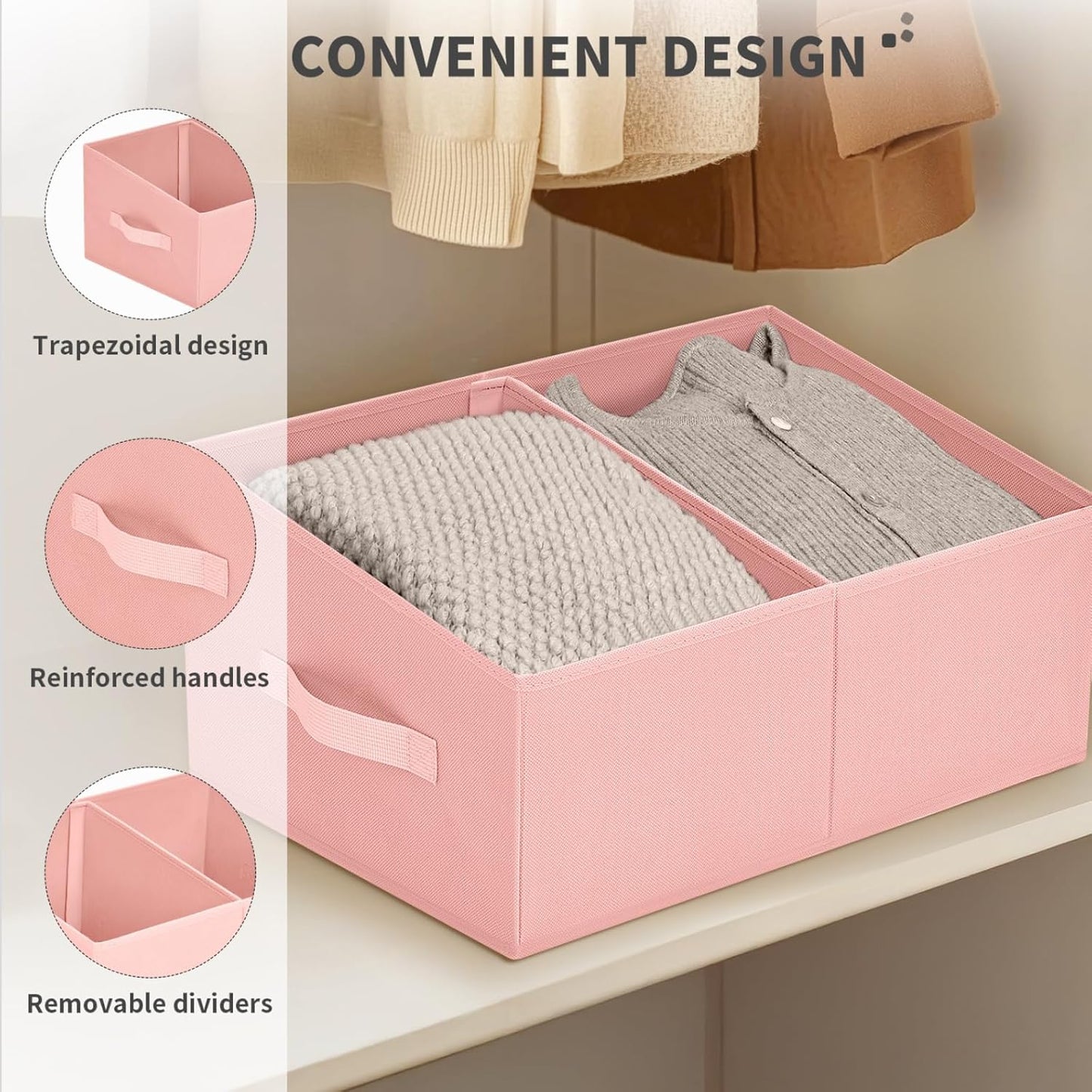 DIMJ Large Closet Shelf Organizer Bins 8 Packs with Handles and Divider, Fabric Trapezoid Storage Baskets, Foldable Clothes Containers Box for Shelf, Towel, Book, Toy, Purse, Hats, Pink