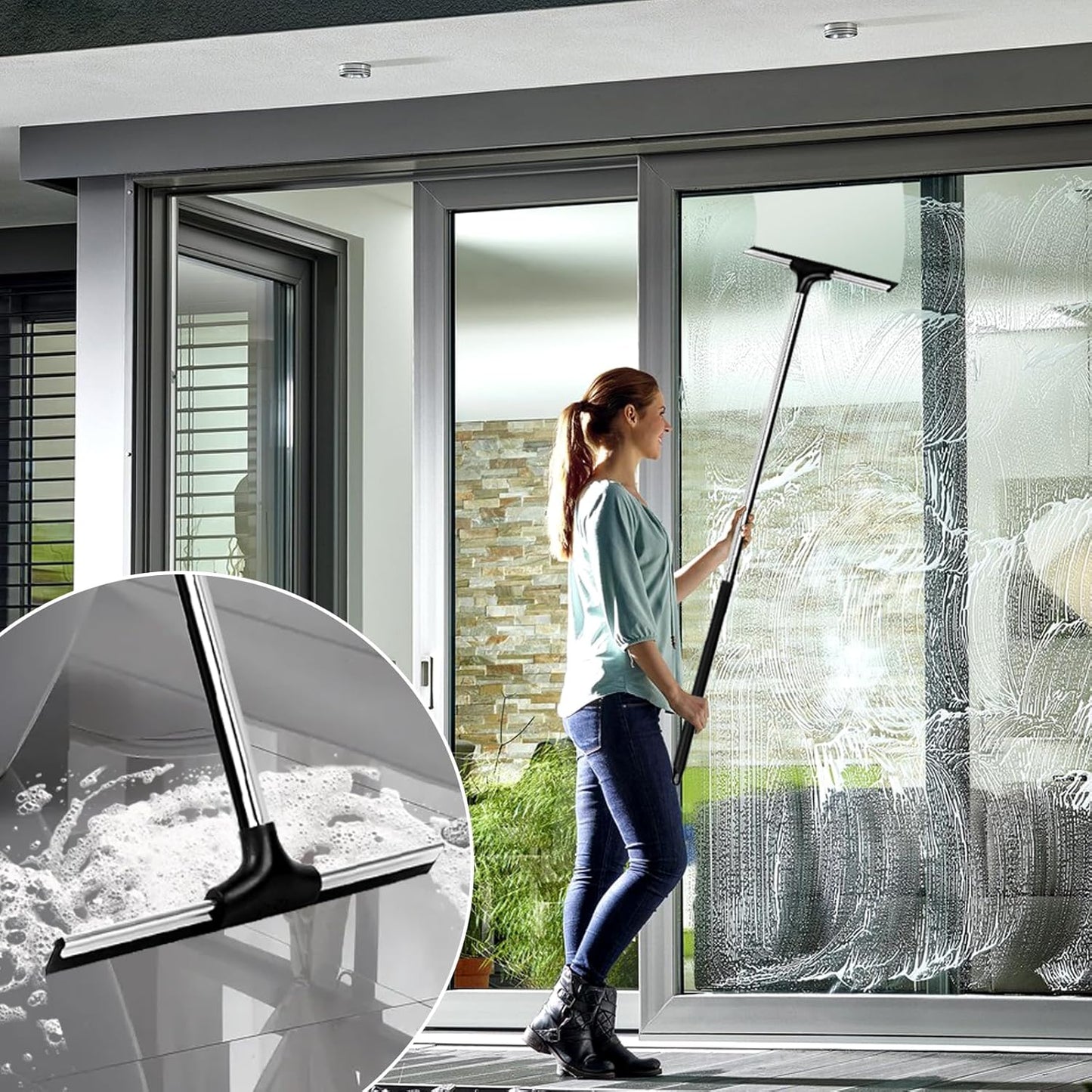 Floor Squeegee Scrubber 59" Long Stainless Steel Handle with 10" Wide Silicon Rubber Blade for Floor Washing and Drying Shower Glass, Garage, Windows, Marble, Wood Surfaces