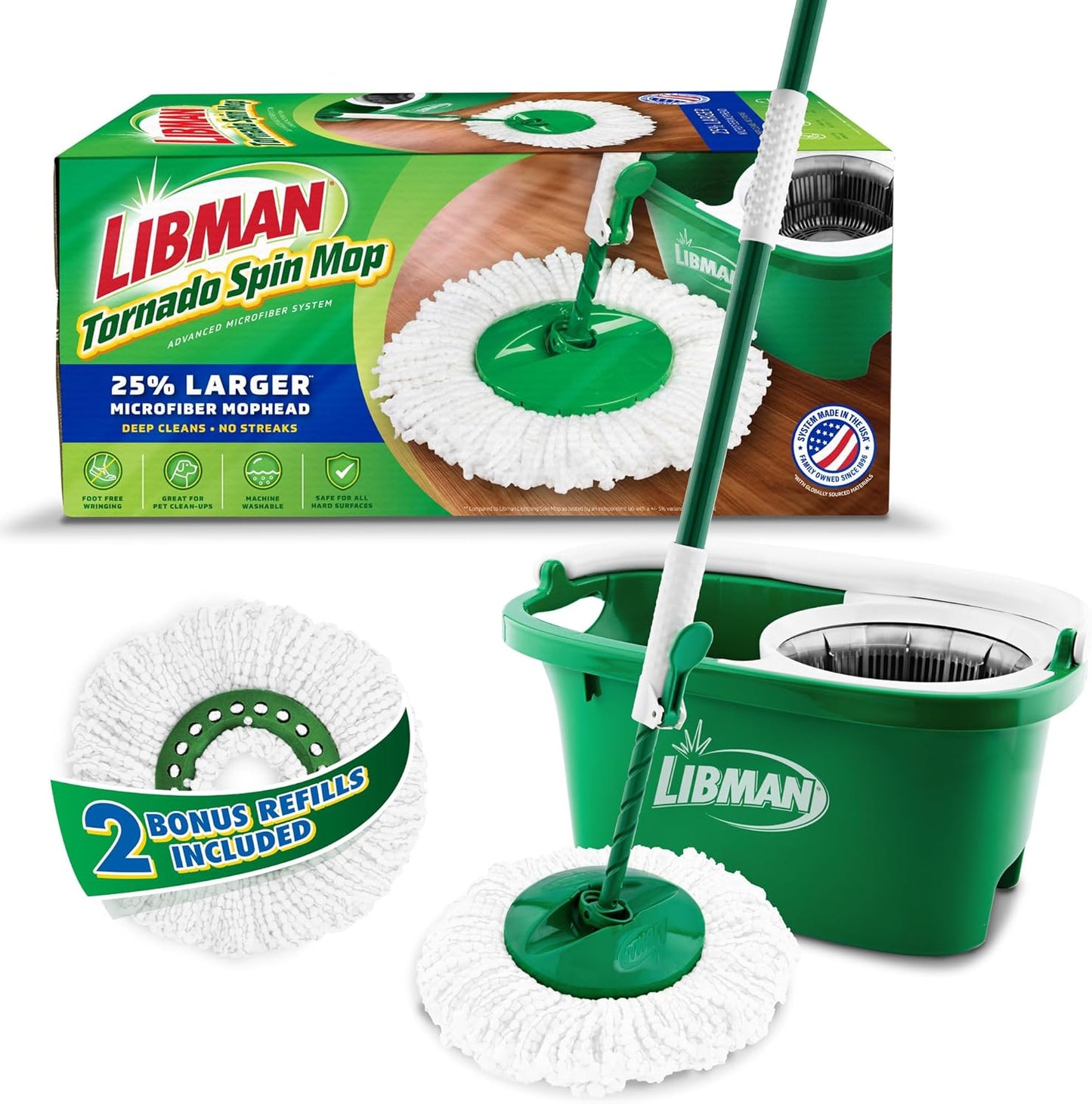 Libman Tornado Spin Mop System with 2 Refill Heads, Microfiber Spinning Mop and Bucket with Wringer Set for Home, Floor Cleaning of Hard-Wood, Laminate, Tile, All Surface Cleaner, 3 Total Mop Heads