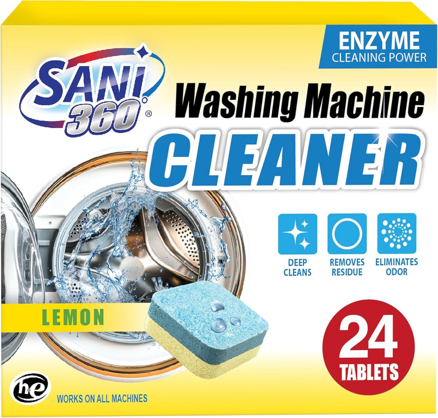 SANI 360° Washing Machine Cleaning tablets, 24 pack is Formulated with Enzyme, Deep Cleans and Deodorizes Front and Top Loading Washers use up to 2-year supply Lemon Scent