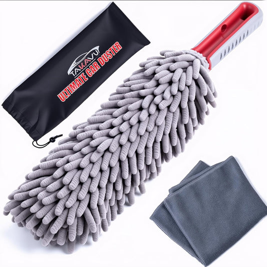 Car Duster Interior by TAKAVU, 360° Microfiber Fingers, Unbreakable Comfort Handle, Lint and Scratch Free, Include Microfiber Towel, for Car & Home Use, The Best Auto Accessories Gray