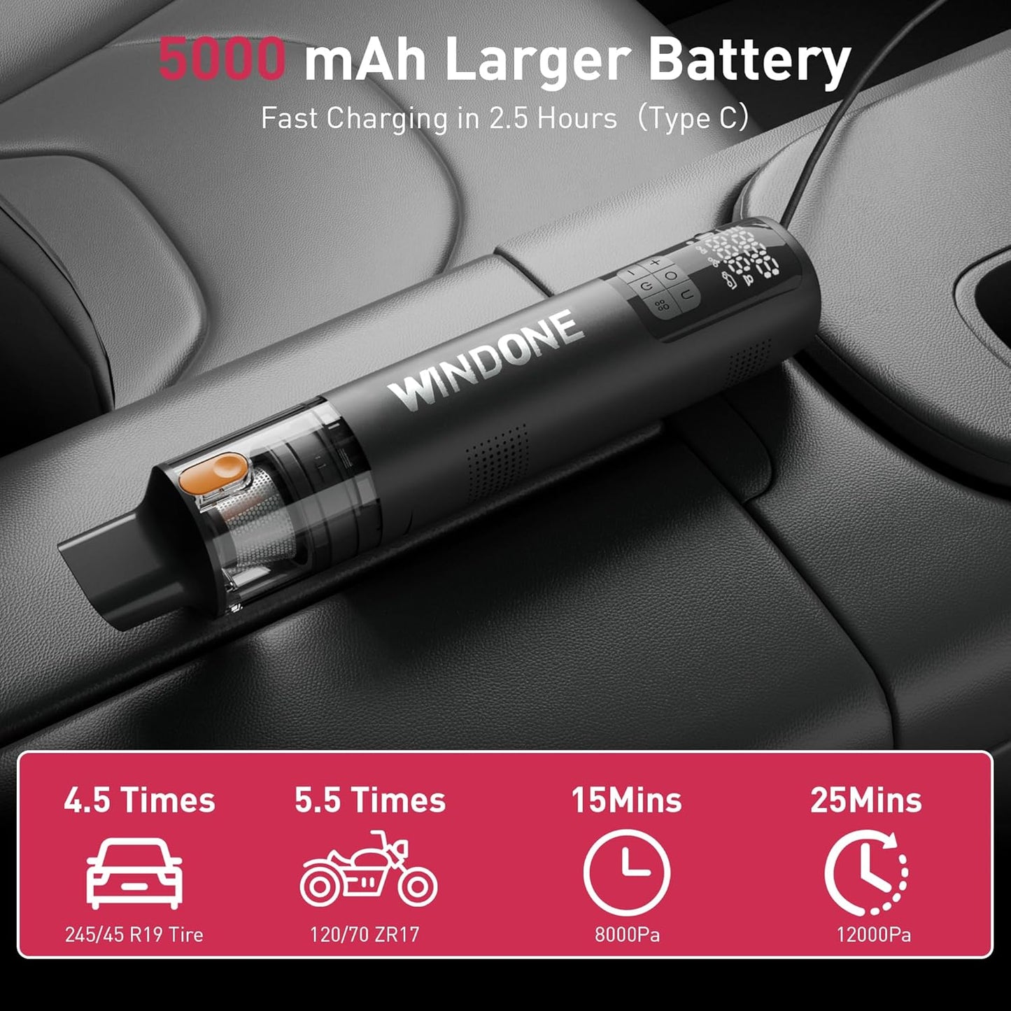 Windone Car Vacuum, 12000Pa 2-in-1 Cleaner & Tire Inflator 150PSI, 60W Brushless Motor, Cordless Handheld Vacuum & Air Pump with Pressure Gauge, LED Light, Multi-Nozzles for Car, Home, Office