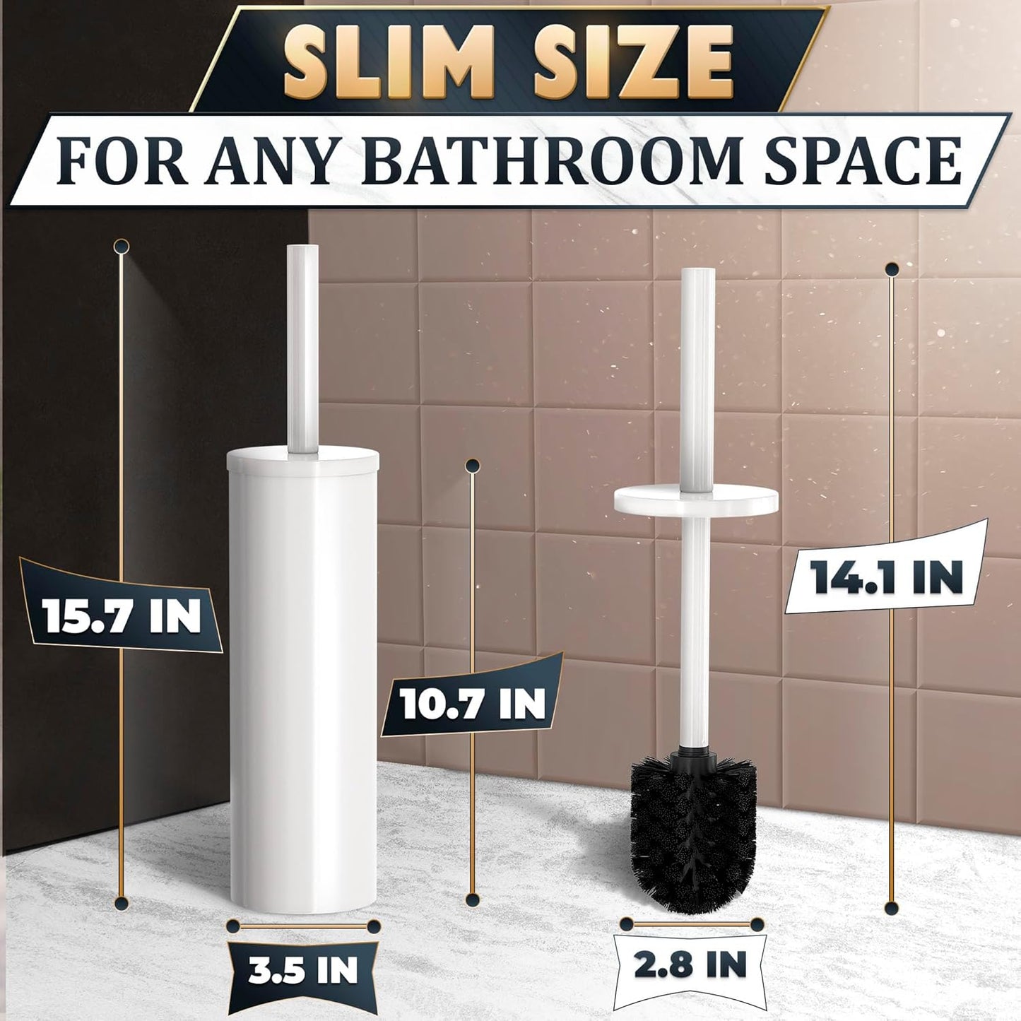 Stainless Steel Toilet Brush and Holder Set White - Long Handle Toilet Bowl Cleaner Brush and Holder - Removable Inner Liner, Shiny Design, Splash Protection & Dense Bristles for Bathroom Cleaning