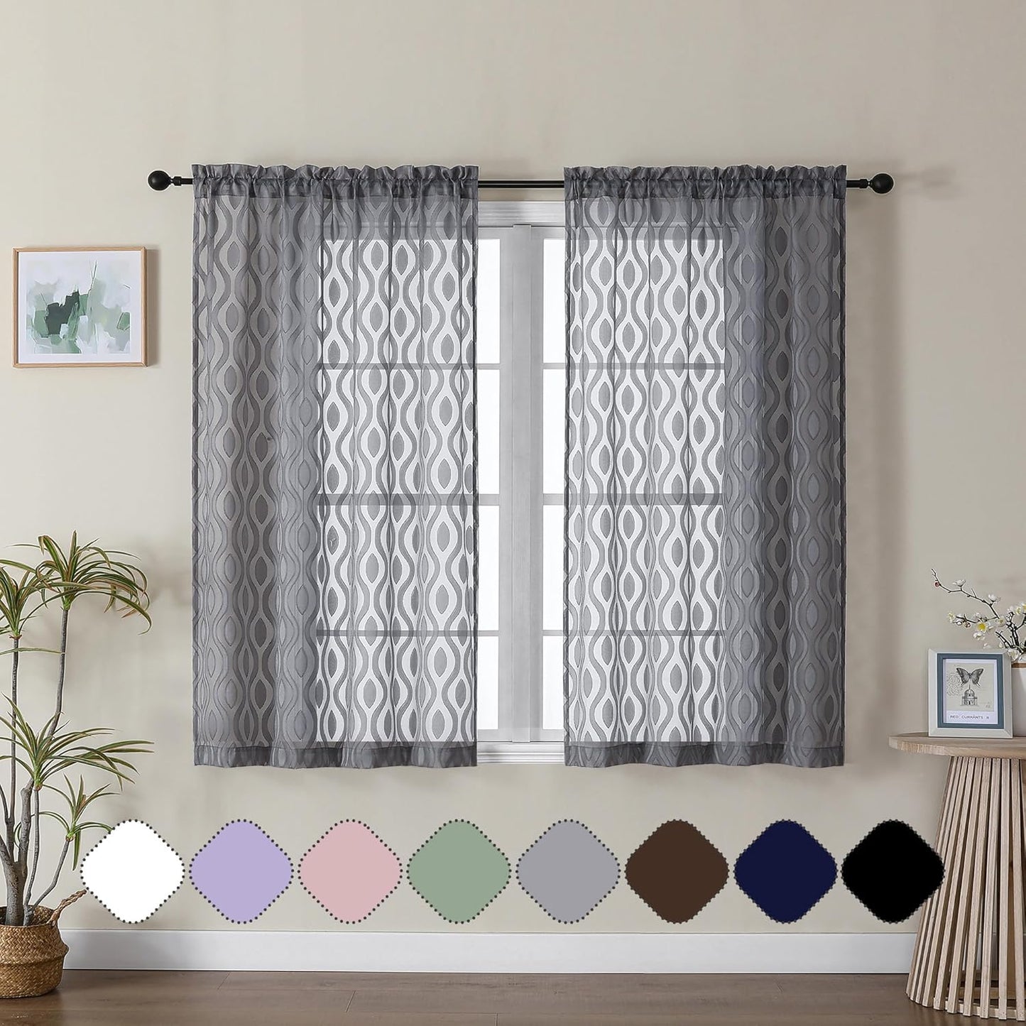 Aiyufeng Grey Sheer Curtains 45 Inch Length 2 Panels Set, Farmhouse Clip Jacquard Textured Short Curtains, Lightweight Chic Wavy Line Window Curtains Drapes for Bedroom, 40" Wx45 L Inches