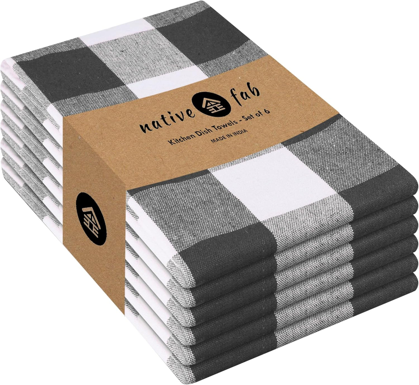 Native Fab 6-Pack Kitchen Towel with Hanging Loop 16x26 inches, Cotton Buffalo Check Kitchen Towels for Cleaning Drying, Washcloths Soft & Absorbent Cloth Rags, Bar Towel, Dish Cloth, Grey