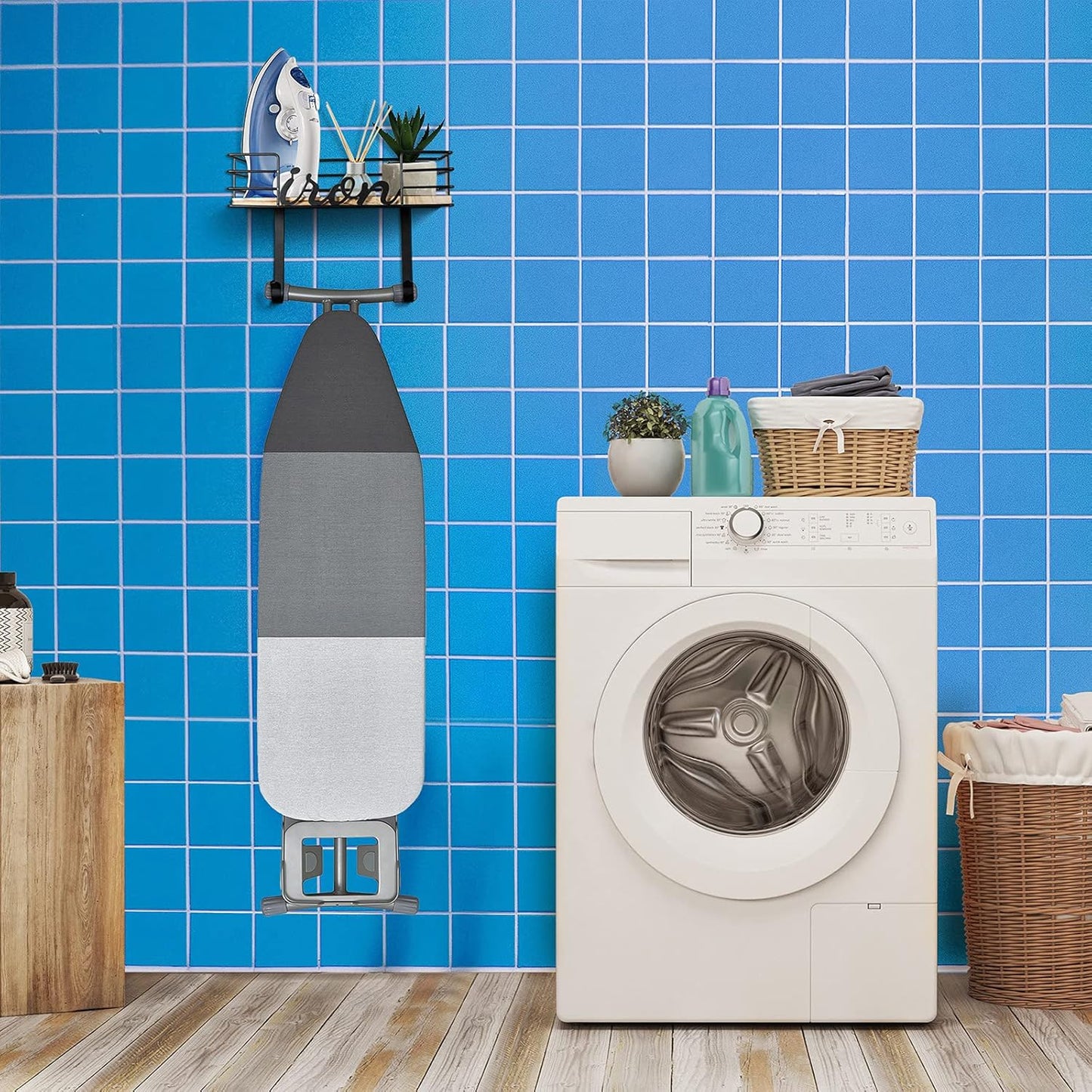 TJ.MOREE Hanger wall mount - Laundry Room Iron and ironing board Holder, Metal with Large Storage Wooden Base Basket and Removable Hooks (Black)