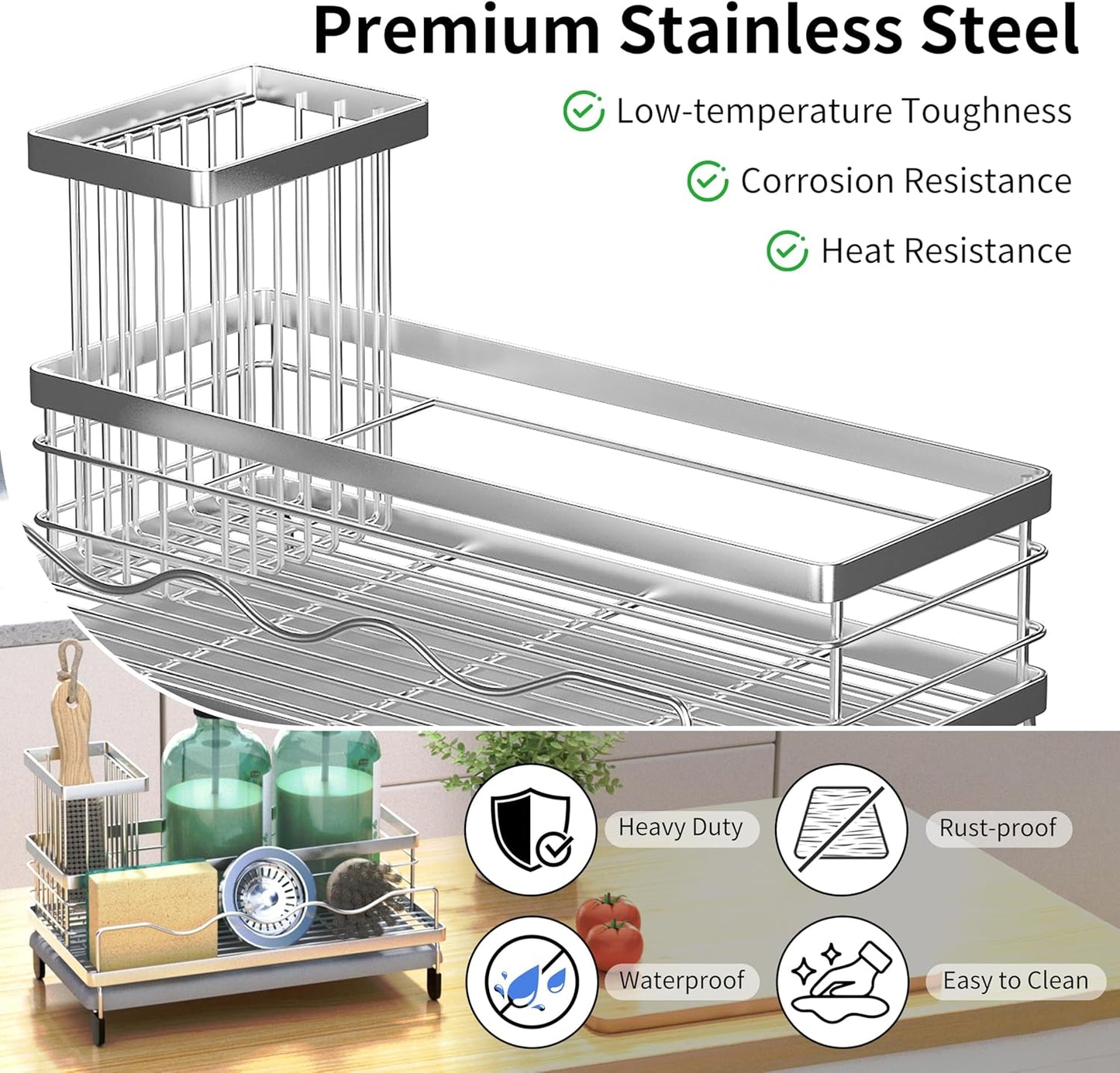 Sink Caddy, Kitchen Sink Organizer with Sponge Holder and Stone Drying Mat, Quick Drying, Stainless Steel Kitchen Caddy Organizer for Sponges, Brushes & Soap