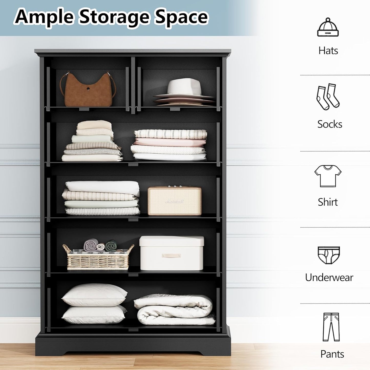 6 Drawer Dresser for Bedroom, 49" Tall Wooden Chest of Drawers, Rustic Farmhouse Dresser with Large Drawers & Metal Handles, Modern Storage Organizer for Closet, Living Room, Hallway, Black