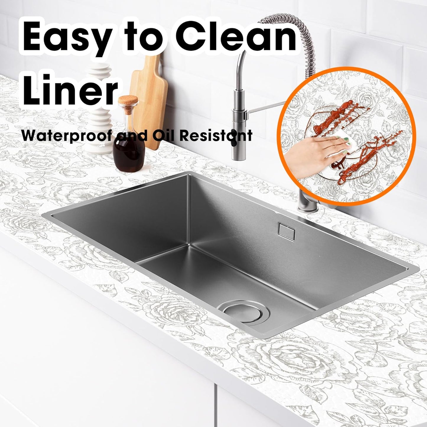 Drawer and Shelf Liner for Kitchen Cabinets Non-Adhesive, Non-Slip Cabinet Liner Shelf Paper Strong Grip Waterproof Easy to Clean for Kitchen Shelves Cupboard, Flower,23.6IN X 10FT