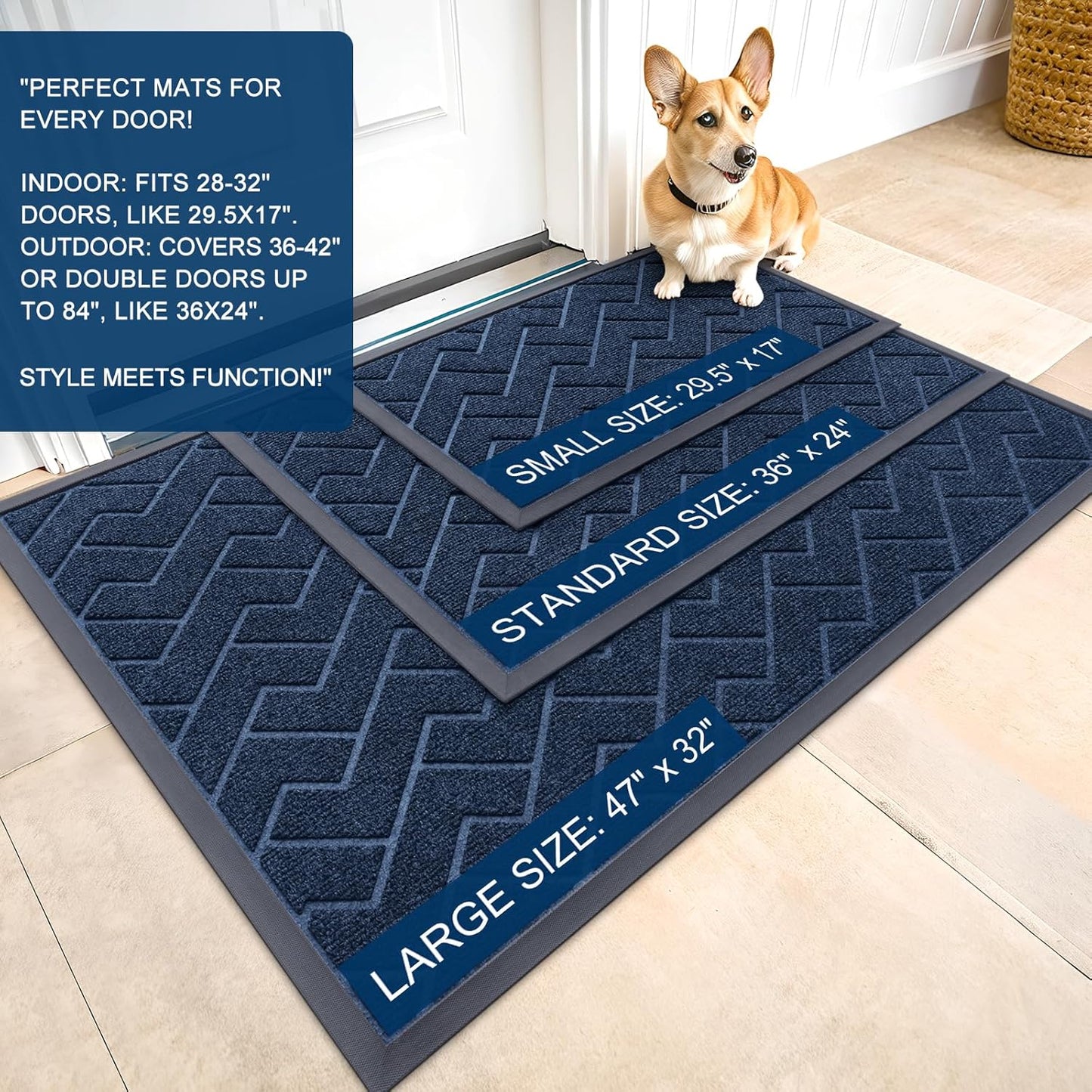 OLANLY Front Door Mat Indoor Outdoor Entrance, Waterproof All-Season, All-Weather Doormat, Sturdy Natural Rubber, Low Profile, Easy Clean Patio Porch Entryway Mat, Herringbone Brick (Blue, 59x23)