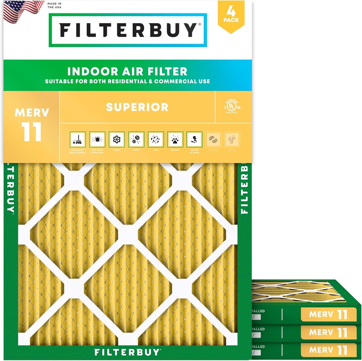 Filterbuy 21x22x1 Air Filter MERV 11 (MPR 1200) Allergen Defense Replacement (4-Pack), Electrostatic Pleated HVAC AC Furnace Filters, Made in USA (Actual Size: 20.50 x 21.50 x 0.75)
