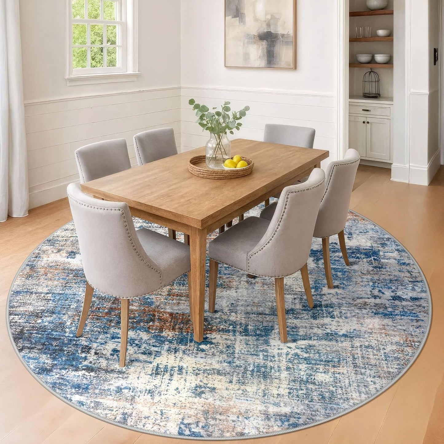 IOHOUZE Abstract Round Area Rug 8 Ft Washable Circle Rugs Large Round Rug Non Slip Thin Soft Circle Rugs, Printed Faux Wool Floor Carpet for Bedroom Living Room Dining Room Nursery, Blue Rust