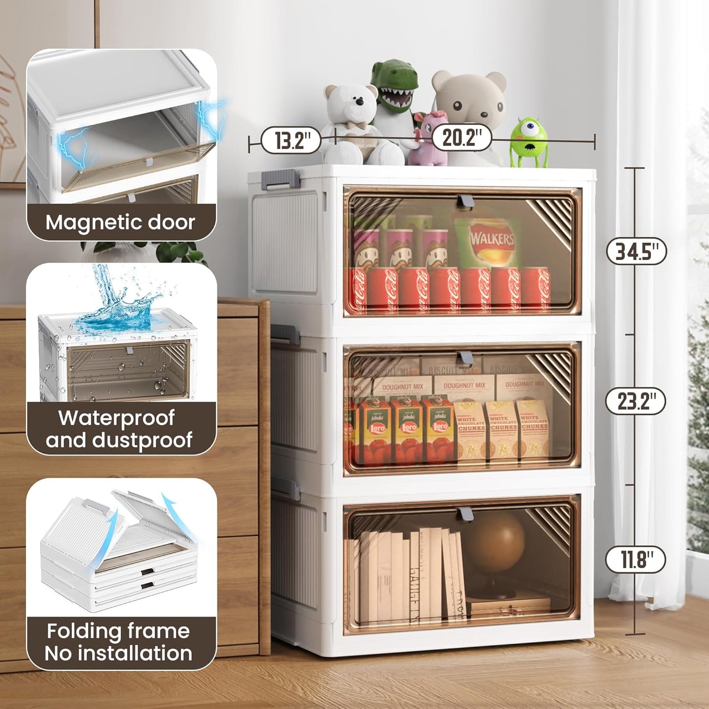 AHEONLAR 144 Quart 3 Tier Plastic Storage Bins with Lid - Foldable Stackable Storage Bins with Doors - Closet Organizers and Storage - Plastic Drawer Storage for Bedroom StudToy Room Office（48QT×3）