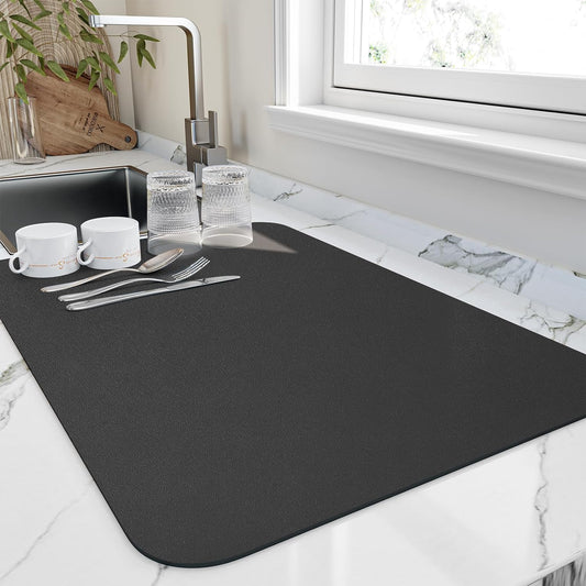 Dish Drying Mat for Kitchen Counter, Heat Resistant Drainer Mats with Non-slip Rubber Backed, Hide Stain Kitchen Super Absorbent Draining Mat, Easy to Clean Dish Rack Pad, Black 18"x32"