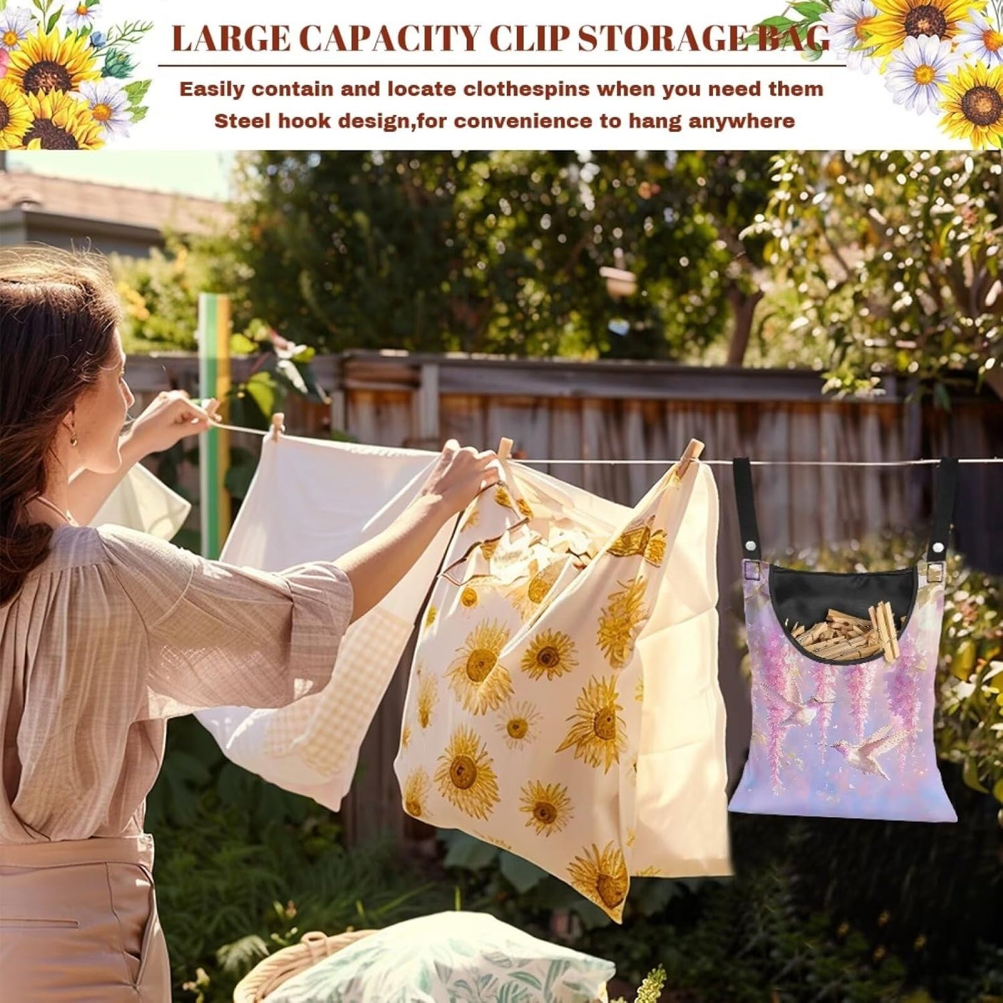 Clothespin Bag for Outdoor Laundry Clothesline and Clothes Pin Holder Clothespin Bag for Heavy Duty Outdoor Use - Hummingbird Flower