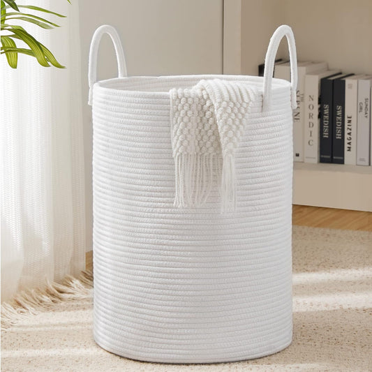 Woven Rope Laundry Hamper Basket by YOUDENOVA, 58L Tall Laundry Basket, Baby Nursery Hamper for Blanket Storage, Clothes Hamper for Laundry in Bedroom-Large-Pure White