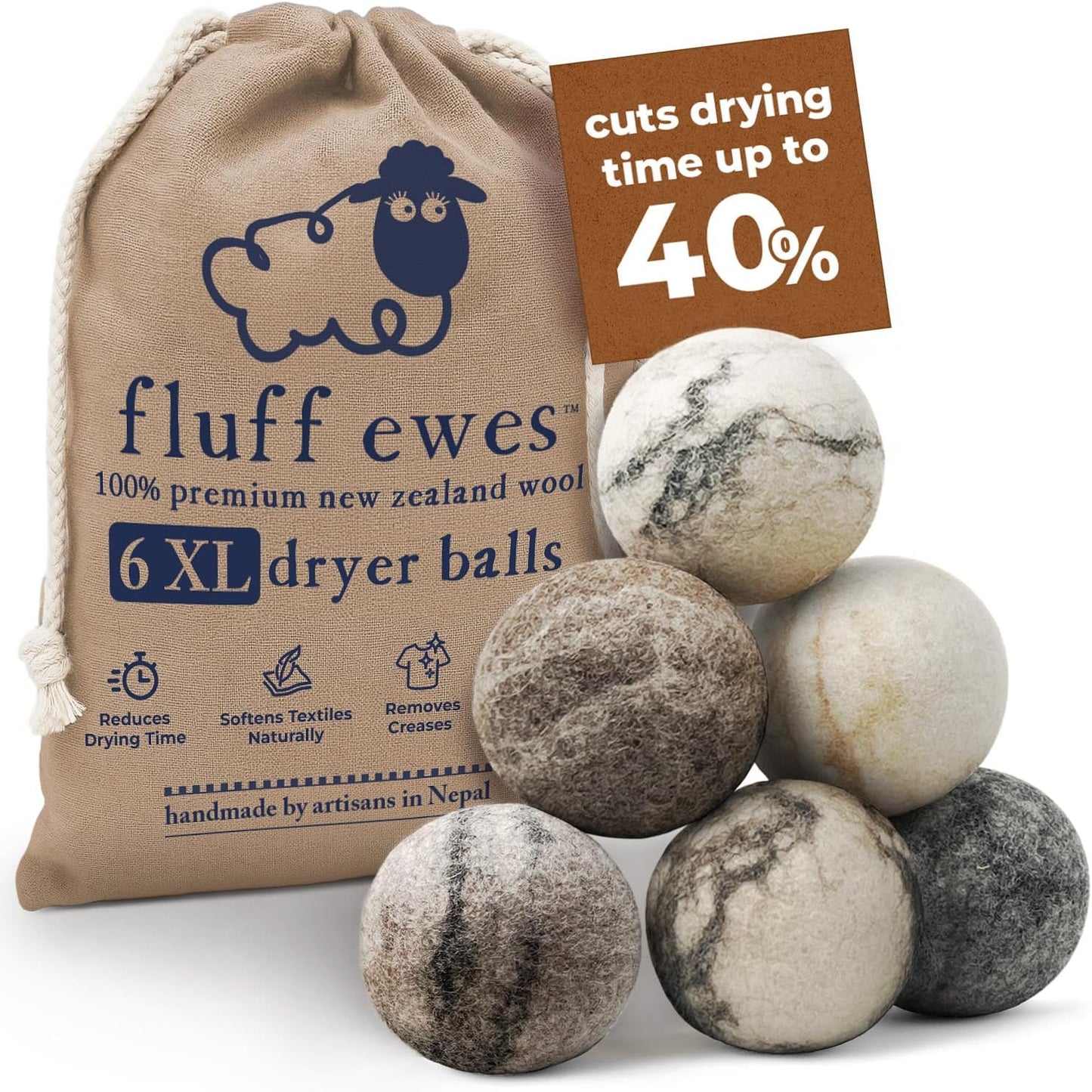 Fluff Ewes Wool Dryer Balls 6 Pack Premium New Zealand Wool Laundry Balls for Dryer, No Static Dryer Balls Laundry Reusable Cute, XL Wool Dryer Balls Cute, Baby Dryer Balls for Dryers - Marble