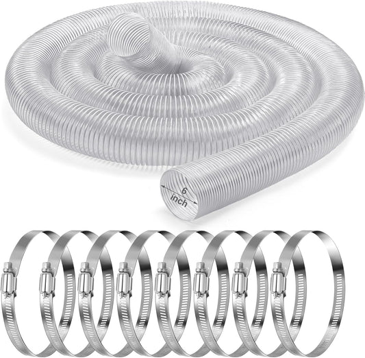 6 Inches 30 ft PVC Dust Collection Hose with Stainless Steel Clamps Set Flexible Clear Vacuum Puncture Resistant Fume Hose for Vacuums Cleaner Fume Dust Collection System (White)