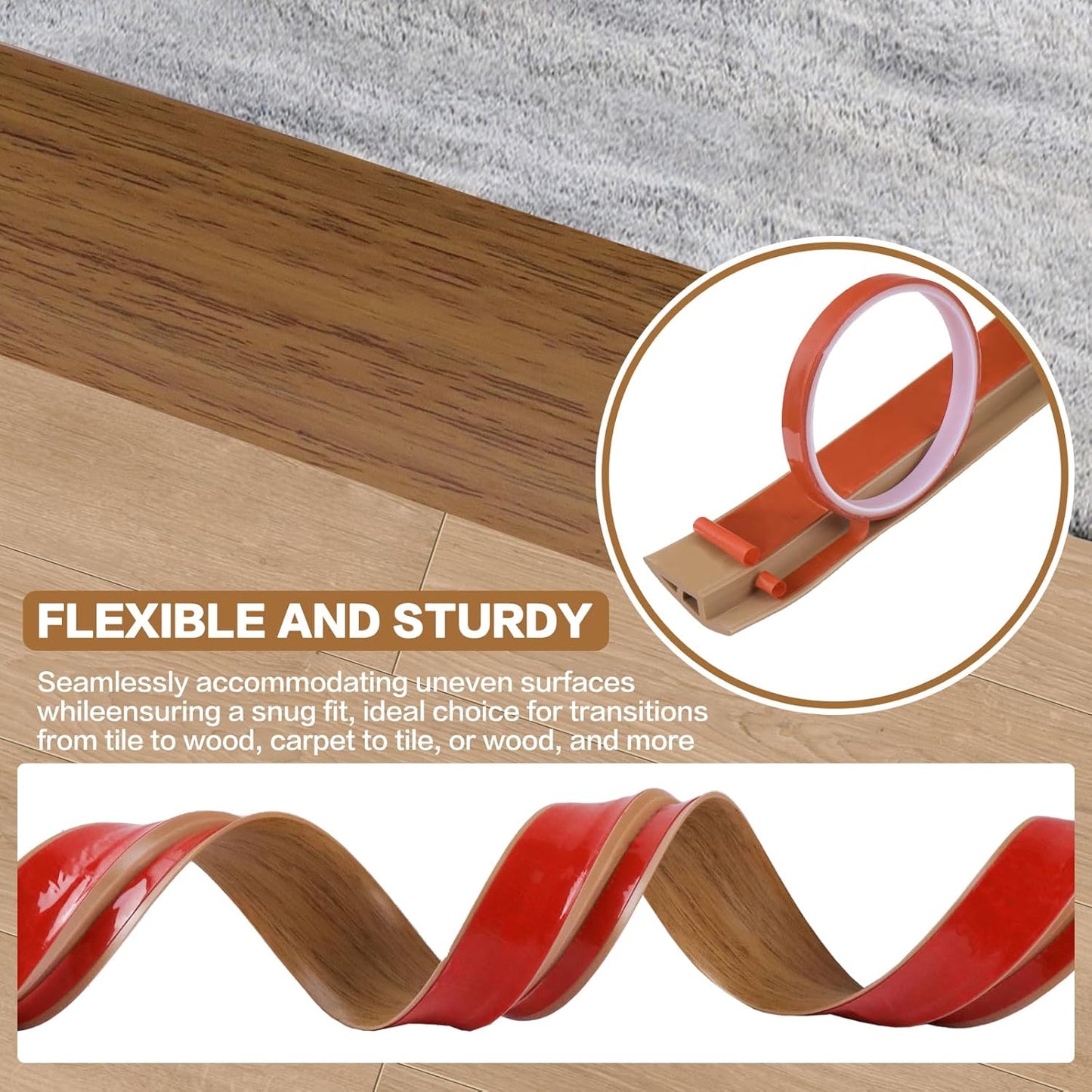 Floor Transition Strip Vinyl Door Threshold Ramp Self Adhesive Carpet Edging Strip Doorway Edge Trim, Overlap Edge Reducer for Laminate Carpet, Floor, Tile (Orange Oak, 1/5" to 2/5", 10Ft)
