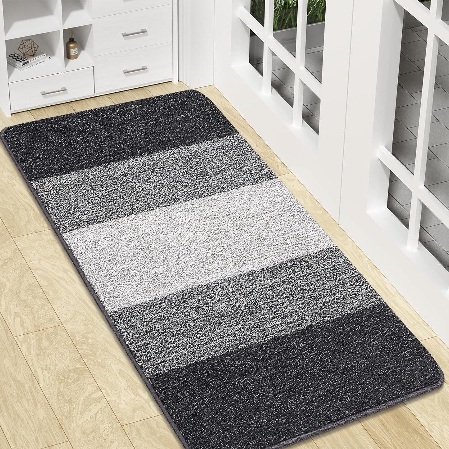 Kitinjoy Indoor Outdoor Door Mat, 47x17 Non-Slip Absorbent Dirt Trapper, Low-Profile Washable Inside Entrance Front Floor Mat, Sturdy Soft Entry Doormats for Entryway, Grey