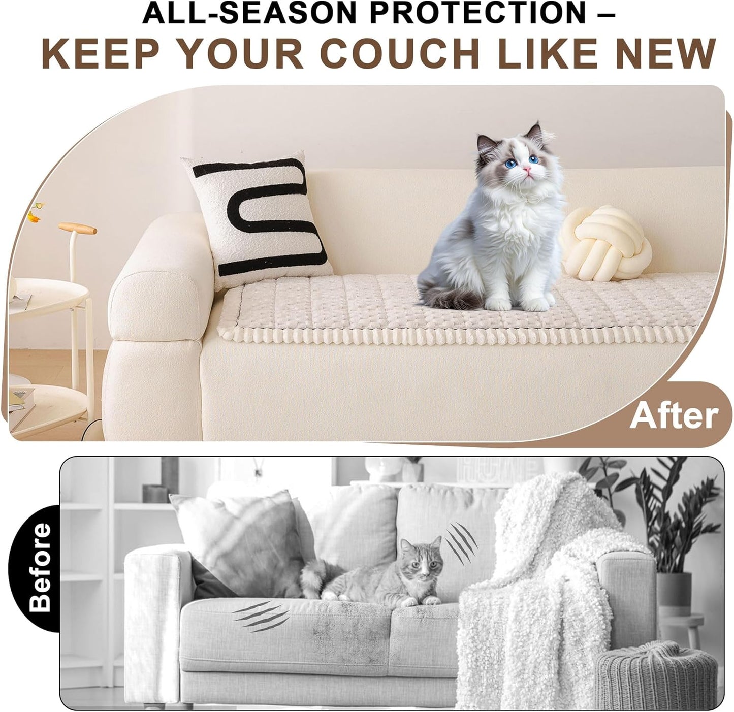 OTOB Couch Covers for 3 Cushion Sofa Pet Friendly, All Seasons Non Slip Plush Fuzzy Sofa Covers Washable, Soft Cozy Dog Bed Mat Sofa Slipcovers Furniture Protector (Cream, 27.6" x 82.7")
