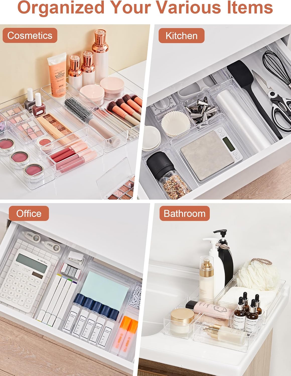 SMARTAKE 30-Piece Drawer Organizer with Non-Slip Silicone Pads, 7-Size Desk Drawer Organizer Trays Storage Tray for Makeup, Jewelries, Utensils in Bedroom Dresser, Office and Kitchen (Clear)