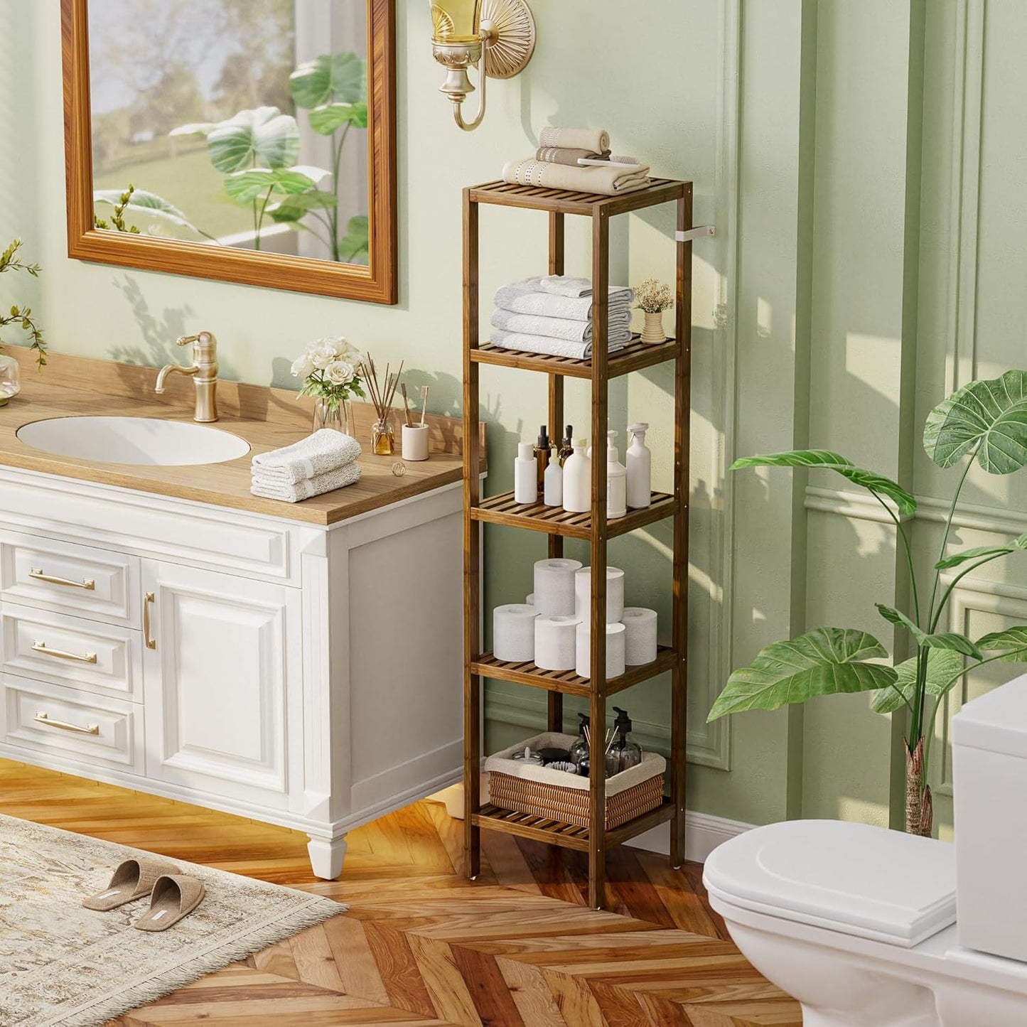 SMIBUY Bathroom Storage Shelf, 5-Tier Bamboo Rack Organizer, Multifunctional Shelving Unit for Living Room Bedroom Kitchen (Walnut)