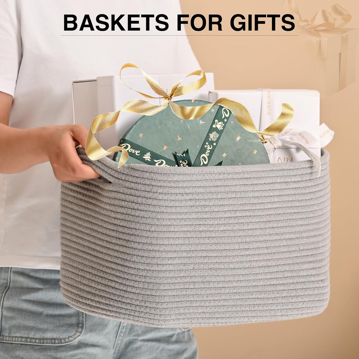 Woven Cotton Rope Storage Basket for Organizing, Cute Decorative Baskets for Gifts Empty, Organizer Bins for Dog Toy, Baby Laundry, 17“×13”×9.5“, Light Grey
