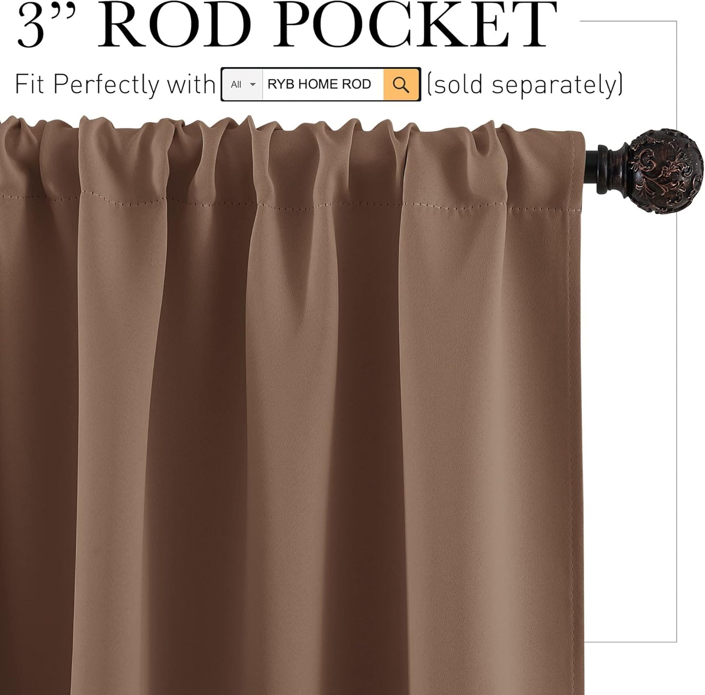 RYB HOME Long Curtains Light Blocking Drapes Window Treatment Panels Room Darkening Shades Blinds Sunlight UV Protection for Coffee Bar Livingroom, Wide 42 inch x Long 72 inch, Mocha, 2 Pcs