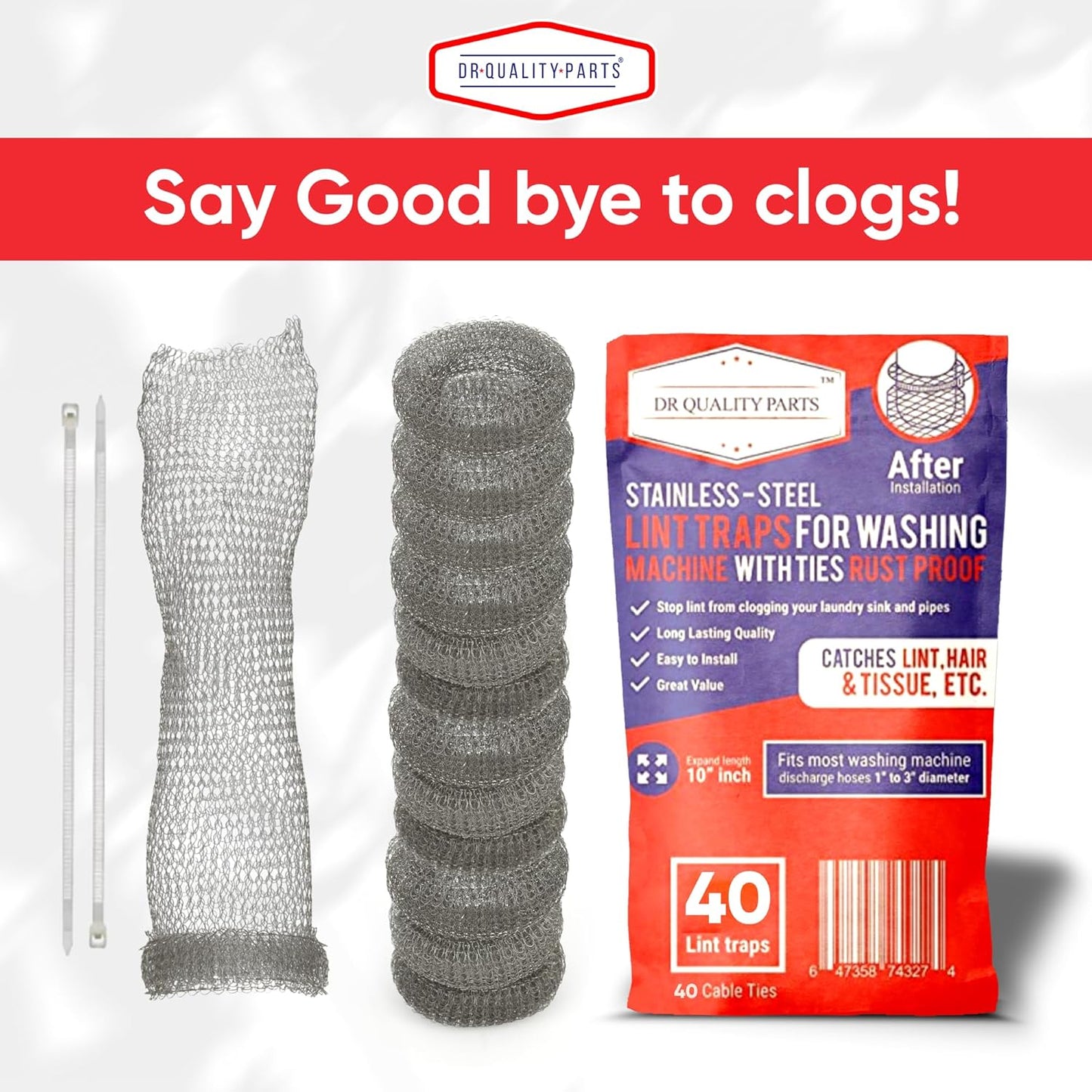 Washing Machine Lint Trap – Stainless Steel Hose Filter, Mesh Drain Catcher, Washer Sock Lint Remover, Rust-Free Snare Laundry Filter with Nylon Cable Ties, 29cmx6.5cm – 40-Pack