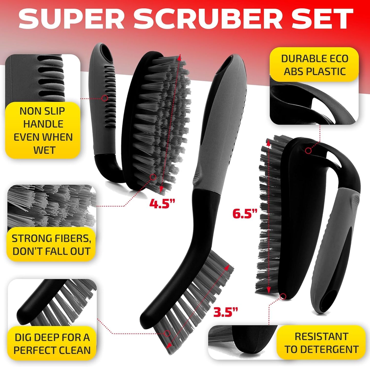 Scrub Brush Set of 3pcs - Cleaning Shower Scrubber with Ergonomic Handle and Durable Bristles - Grout Cleaner Brush - Scrub Brushes for Cleaning Bathroom/Shower/Tile/Kitchen/Floor/Bathtub/Carpet