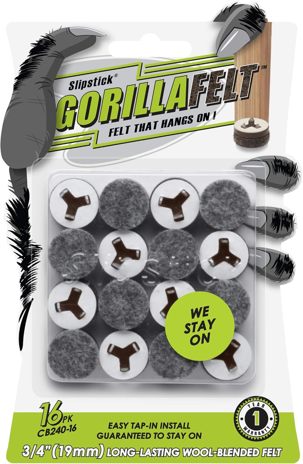 Slipstick GorillaFelt 3/4 Inch Chair Leg Floor Protectors/Felt Glides (Set of 16) Tap On Felt Furniture Pads Guaranteed to Stay On, Round Sliders, CB240-16