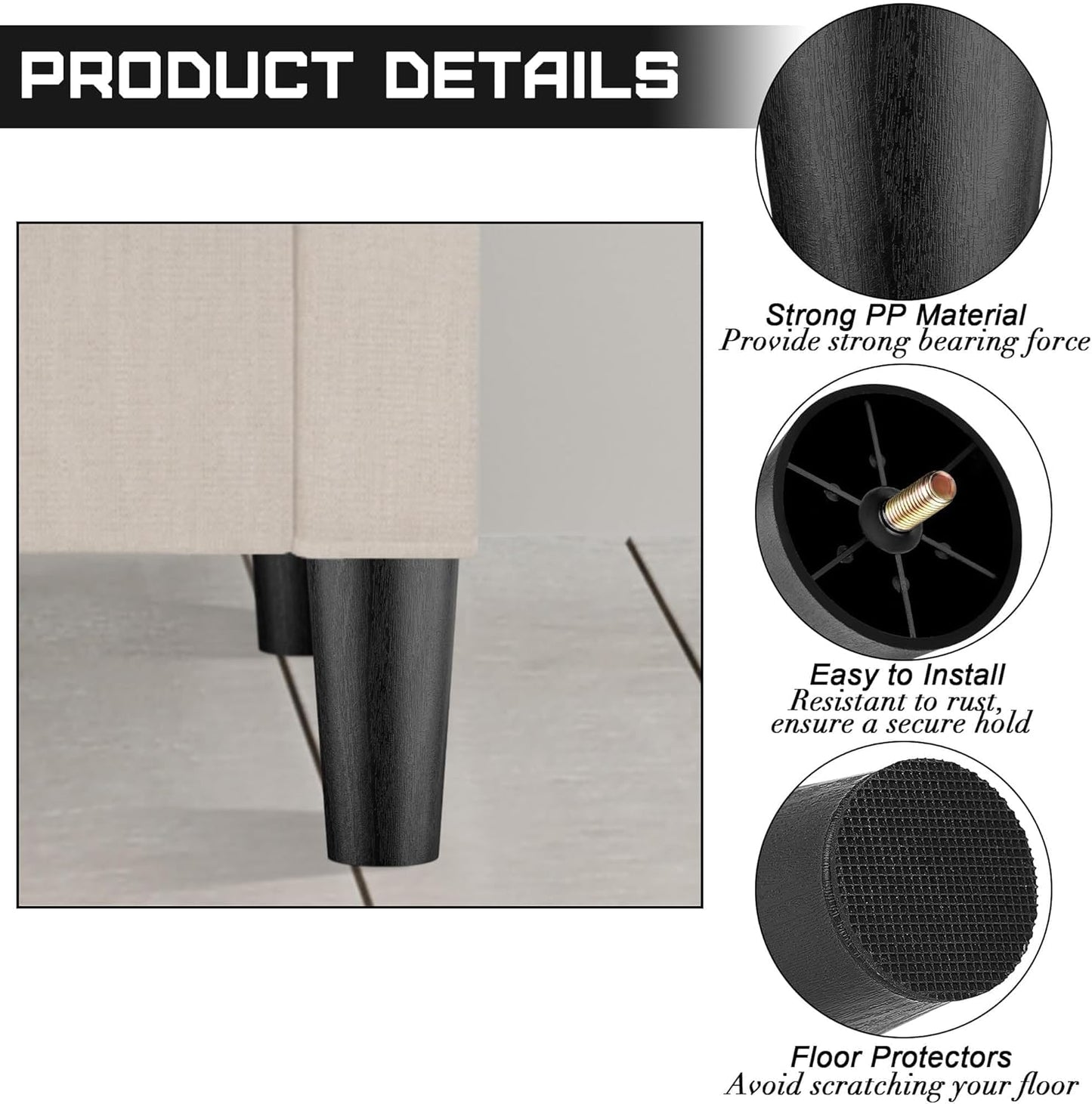 TURSTIN 8 Pack 6 Inch Plastic Furniture Legs with M8 T-Nuts Screws Tapered Sofa Couch and Chair Legs Replacement Furniture Legs for DIY Projects Sofas Coffee Tables Dressers Beds