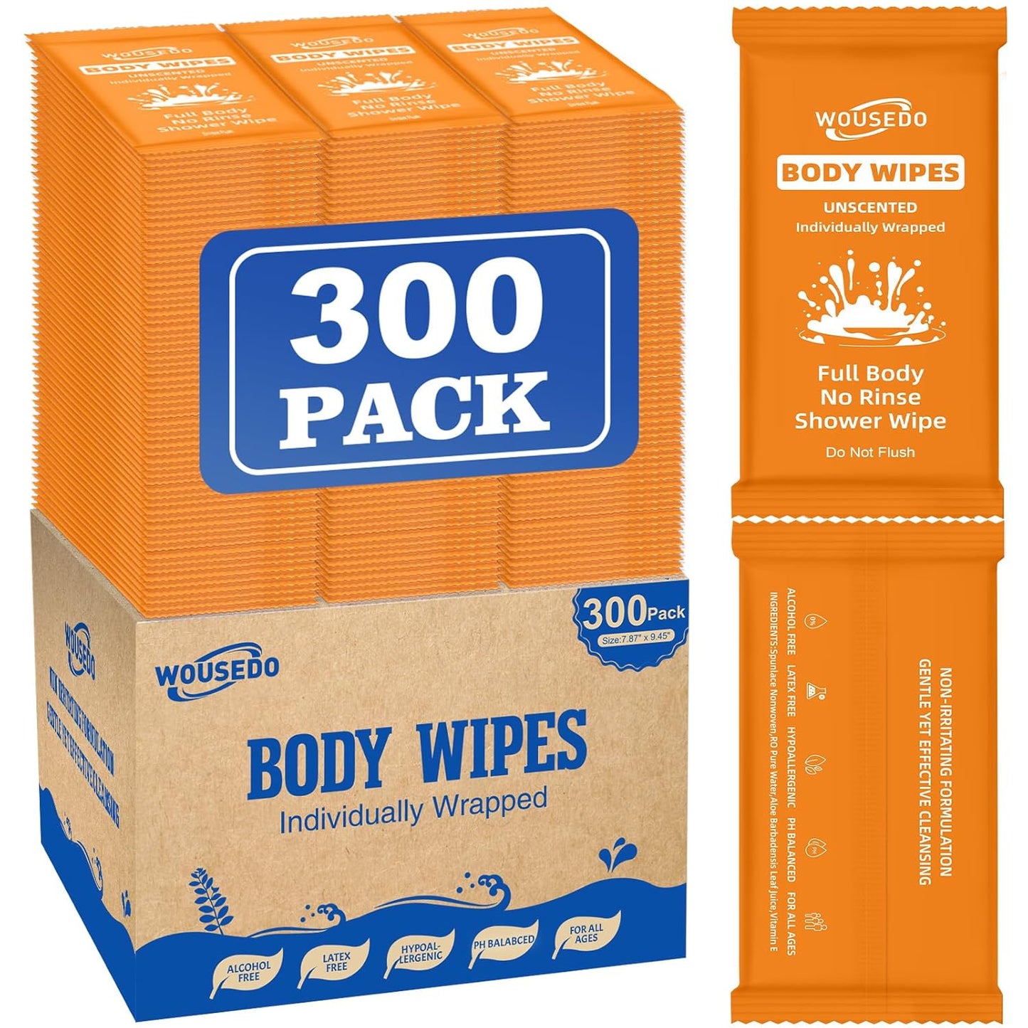 300 Pcs Ultra Thick Soft Large Body Wipes Individually Wrapped(7.87" x 9.45"),Shower Wipes for Adults Bathing No Rinse,Personal Cleansing Wipes for Travel Gym,Bulk Deodorant for Homeless(Orange)