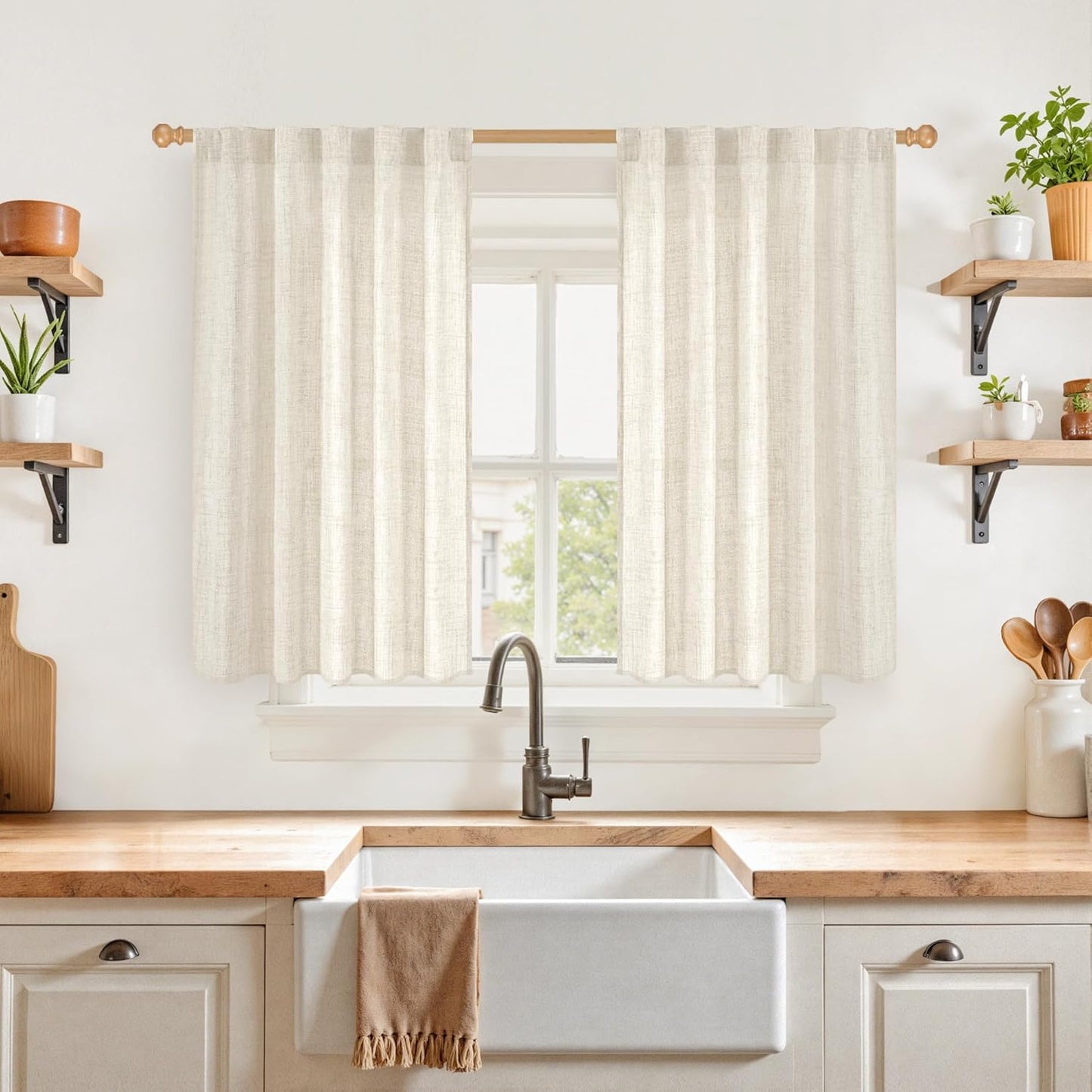 YoungsTex Short Semi Sheer Curtains 40 Inches Long for Kitchen Window, Cream Light Filtering Drapes with Rod Pocket Back Tab Privacy for Bedroom Cafe Bathroom, 2 Panels, 42 X 40 Inch