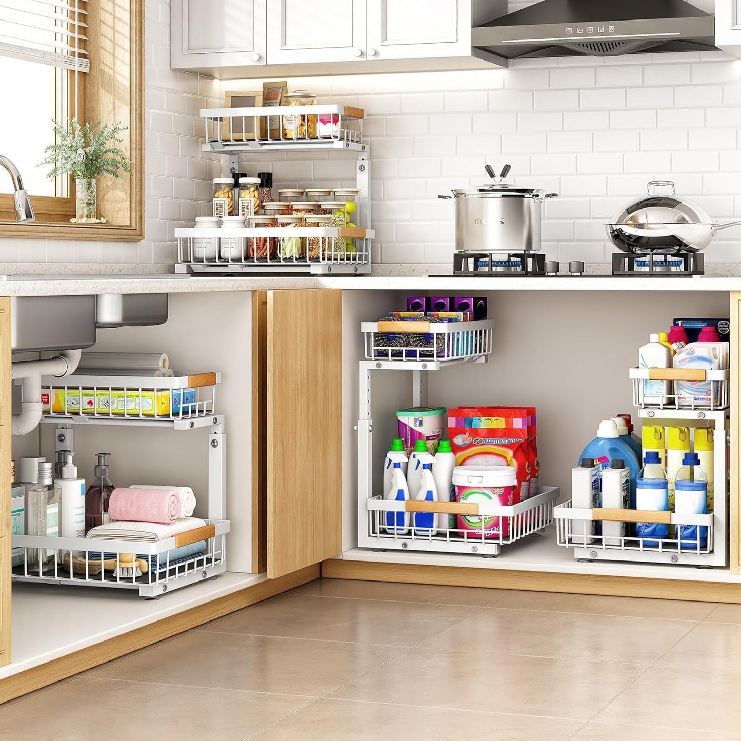 PXRACK 2 Pack Under Sink Organizer,Adjustable Height,2 Tier Pull Out Under Cabinet Organizer,Slide Out Thickened Metal Under Sink Storage for Kitchen Bathroom Laundry Cabinet Pantry,White(S)