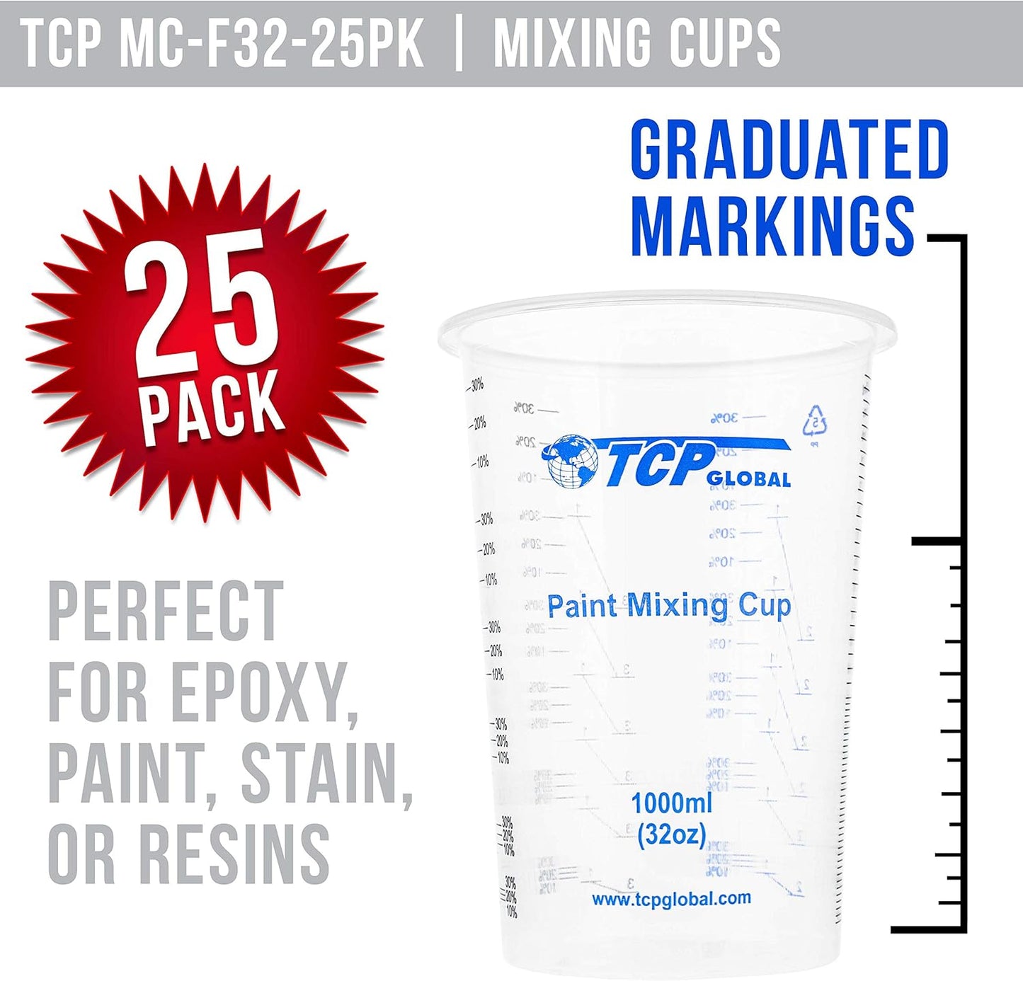 TCP Global 32 oz. (1000ml) Graduated Plastic Mixing Cups (Box of 25) - Disposable Plastic Measuring Cups for Liquids, Paints, Resin, Epoxy, Art, Kitchen - Ratios 2-1, 3-1, 4-1 ML