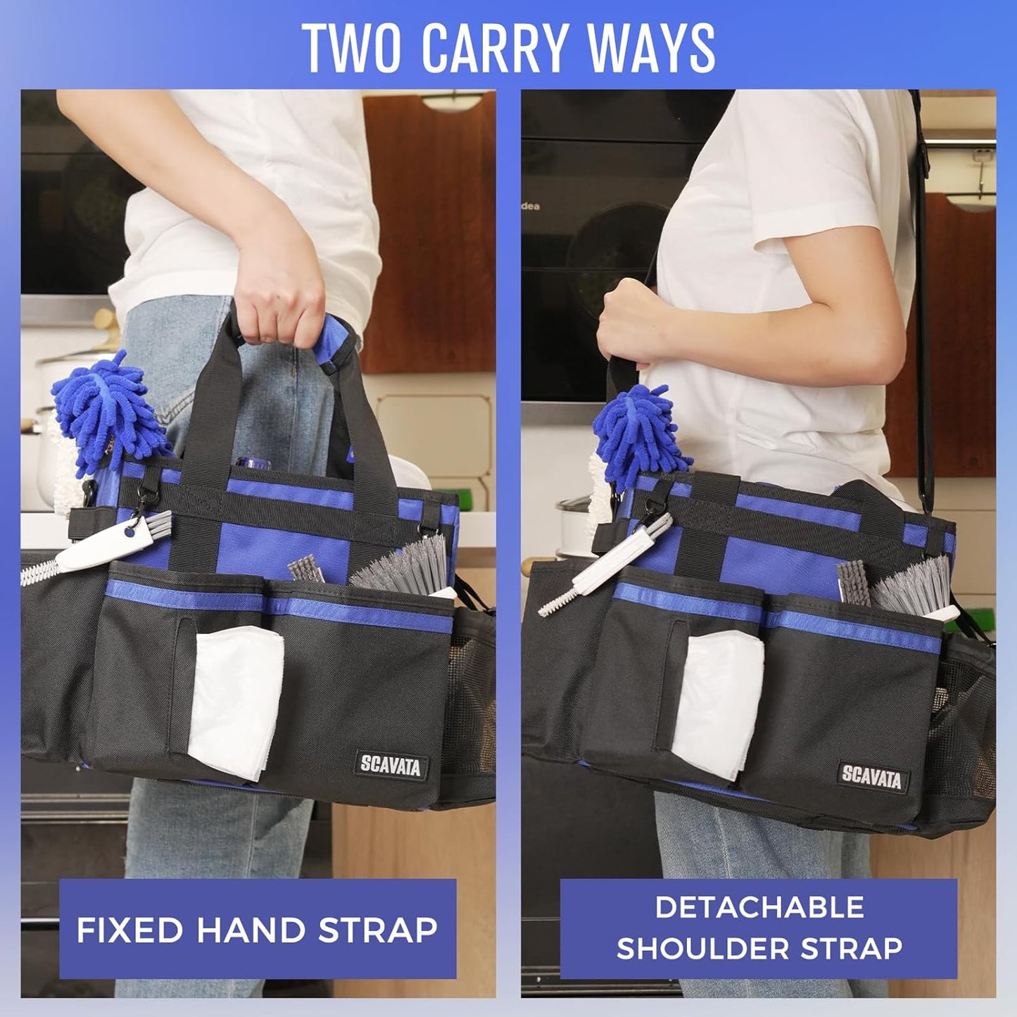 Compact Wearable Cleaning Caddy, Small Supplies Organizer with Handle & Shoulder Straps for Housekeepers, Under Sink & Car Cleaning Tool Organizer Bag (Blue)