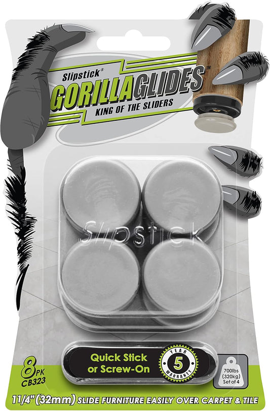 GorillaGlides CB323 1-1/4 Inch Furniture Sliders/Chair Glide Floor Protectors (Set of 8 Glides) Self-Adhesive Screw On Furniture Glides for Low Pile Carpet and Hard Surface Flooring, Round