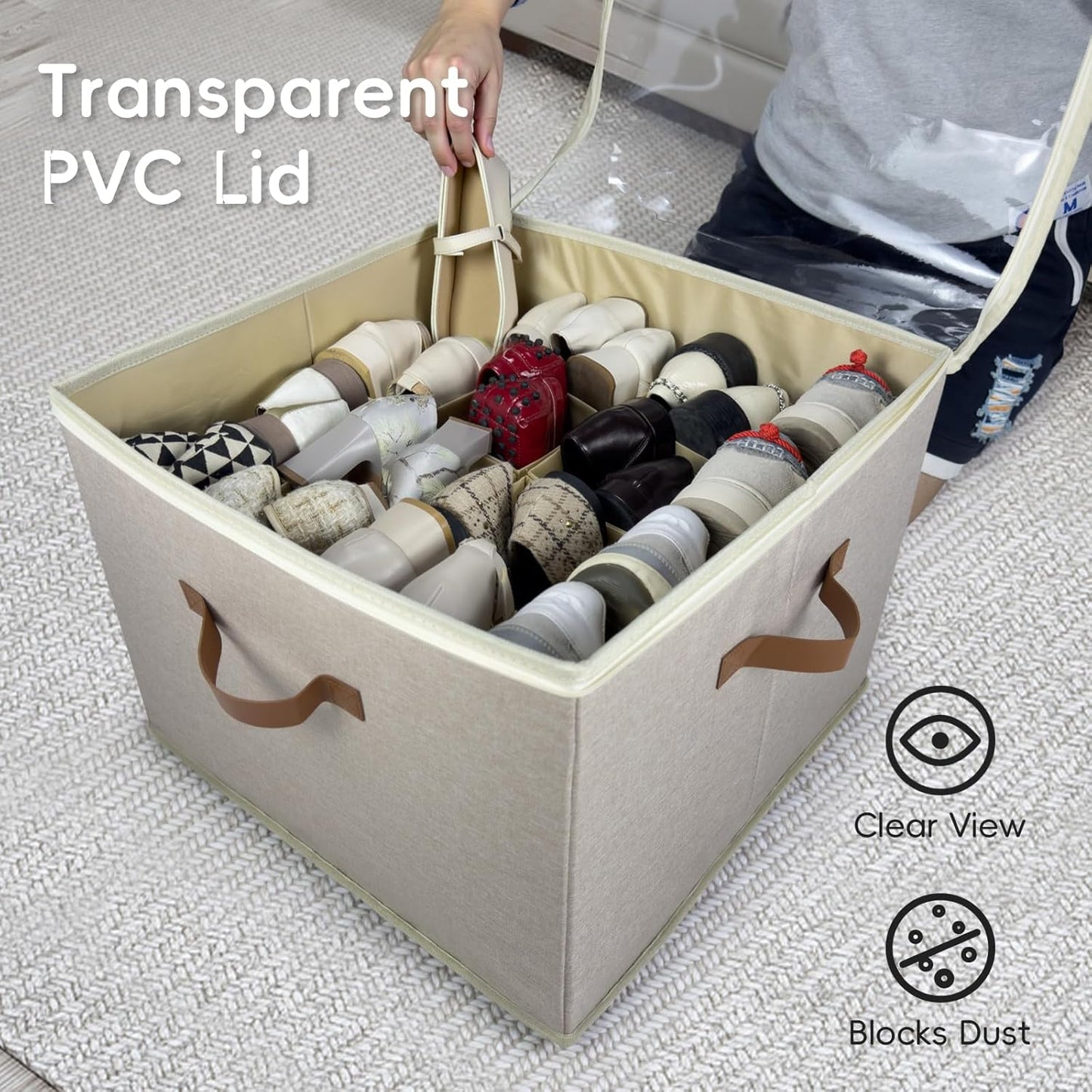 Shoe Organizer for Closet, 2 Pack Shoe Storage Bins with Clear Cover, Adjustable Dividers Fits 16-32 Pairs ShoeBoxes, Organizador de Zapatos, Khaki