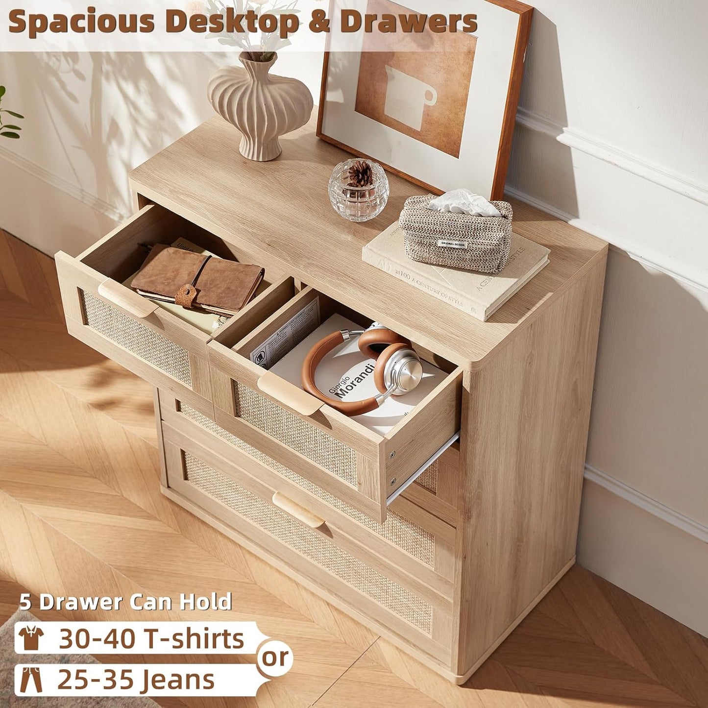 LEYAOYAO Rattan Dresser for Bedroom, 33.5" Tall Chest of Drawers, Modern 5 Drawers Boho Dressers with Storage, Light Oak Dresser Wooden Closet Organizer for Living Room, Hallway, Natural Wood